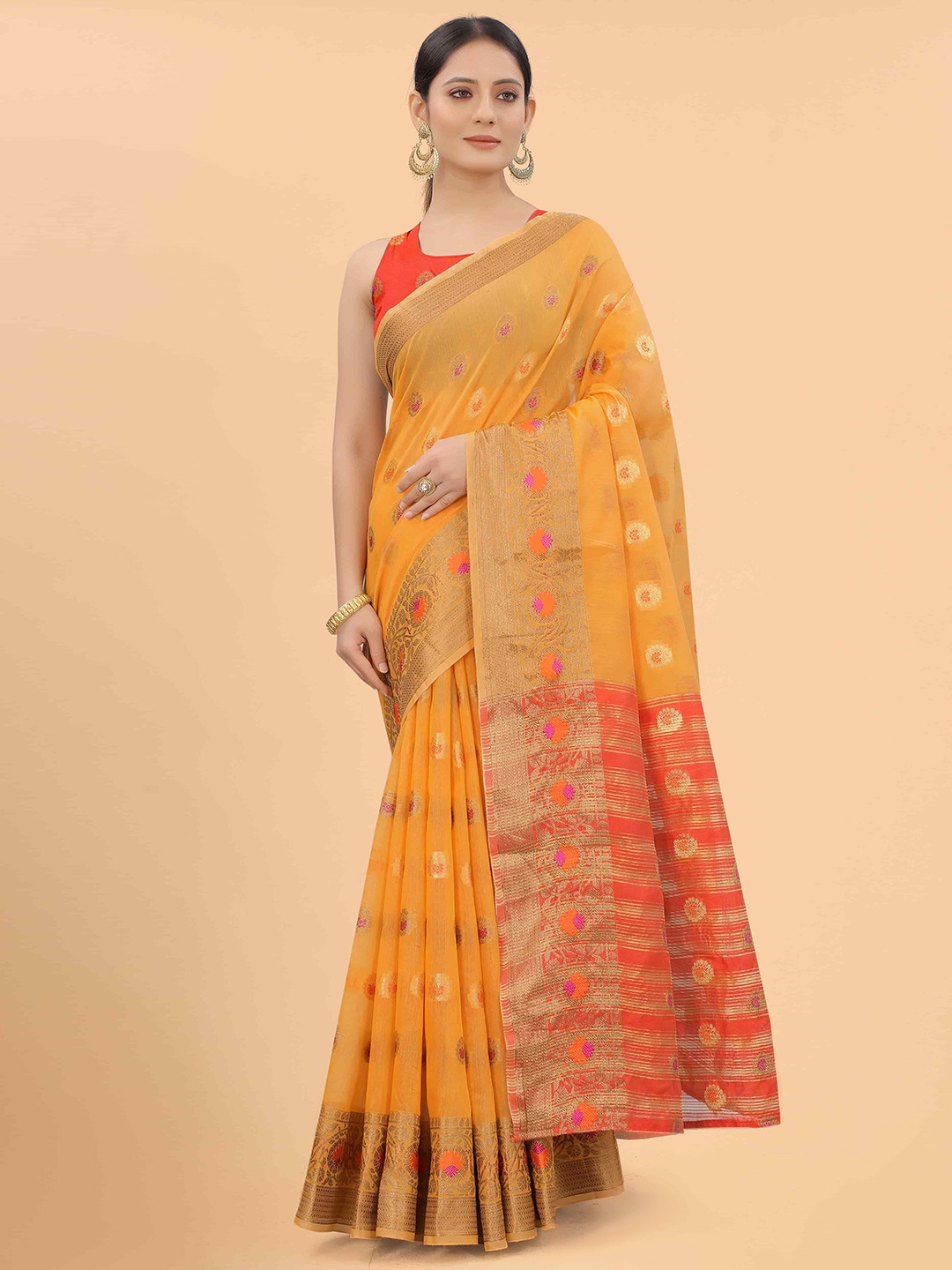 

Silk Land Mustard Orange Woven Zari Design Saree