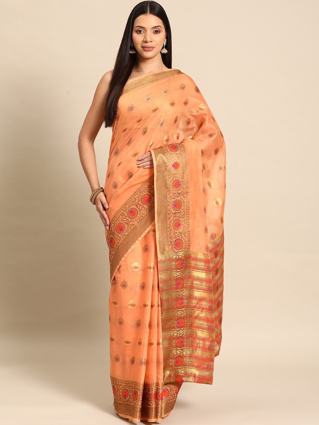 

Silk Land Peach-Coloured & Red Woven Design Zari Saree