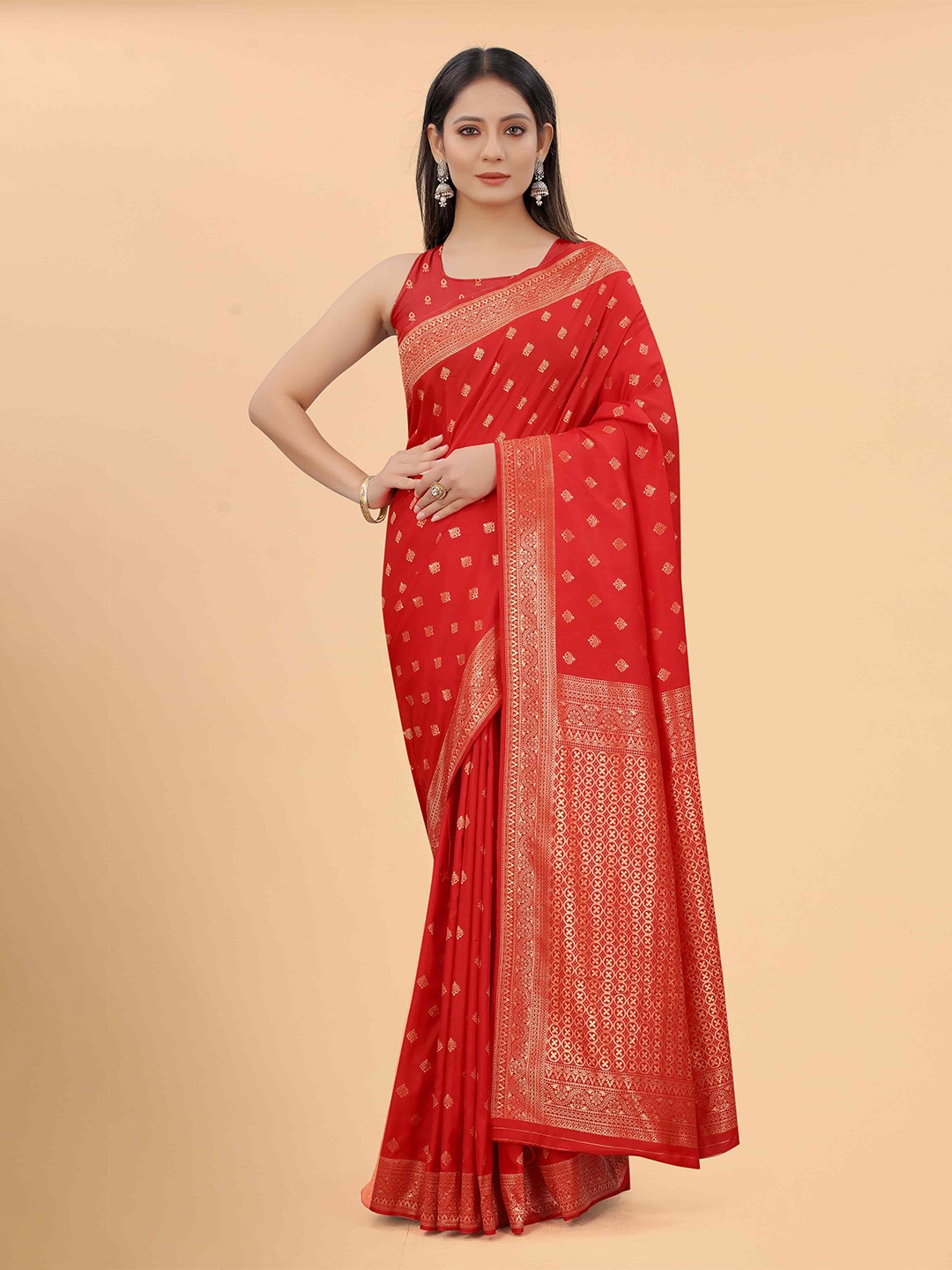 

Silk Land Red & Gold-Toned Ethnic Motifs Pure Silk Banarasi Saree