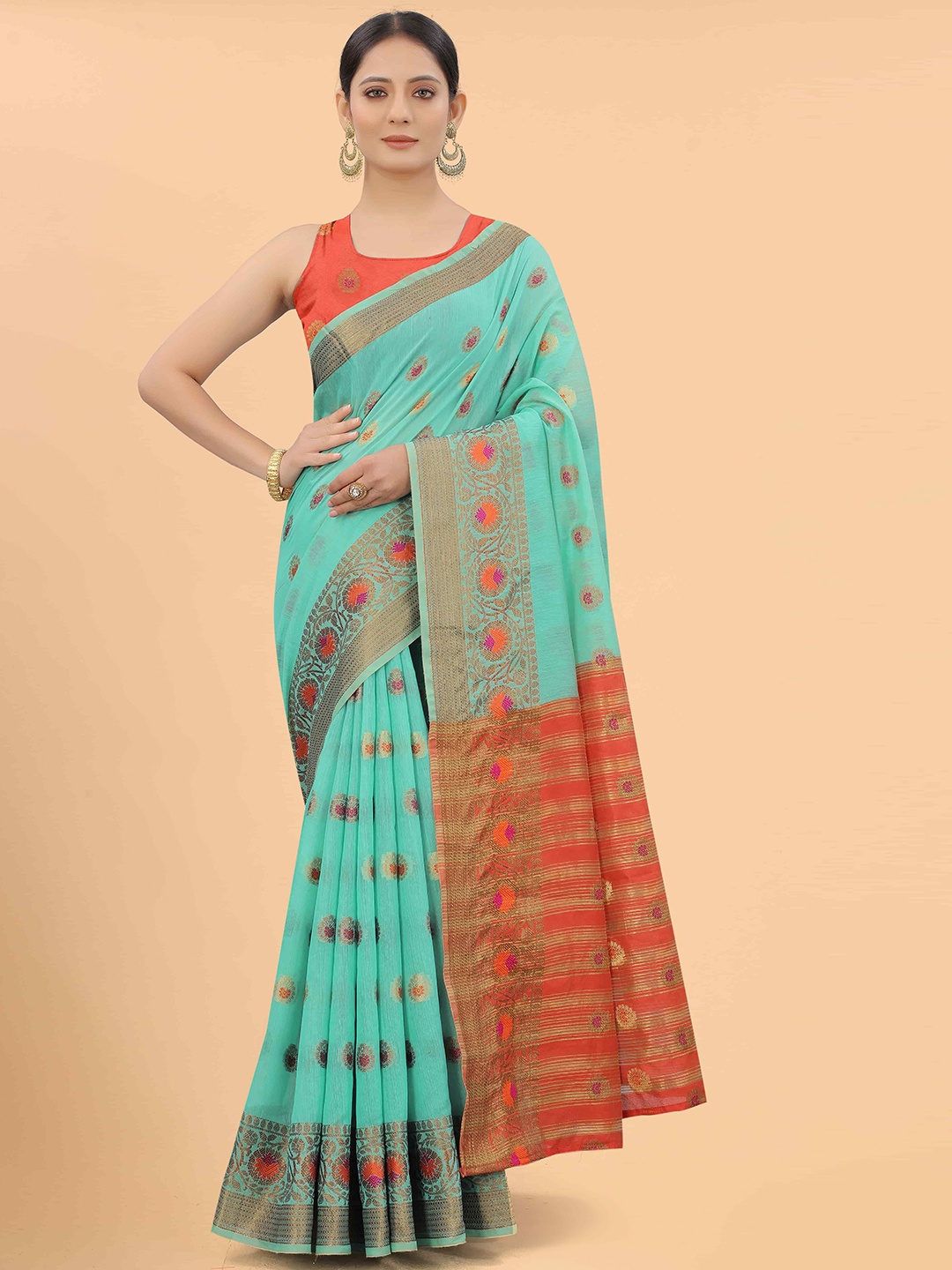 

Silk Land Teal & Orange Woven Design Zari Saree