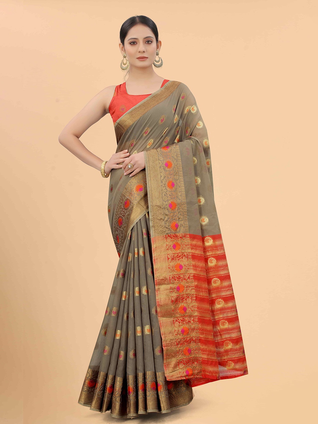 

Silk Land Grey & Orange Woven Design Zari Saree