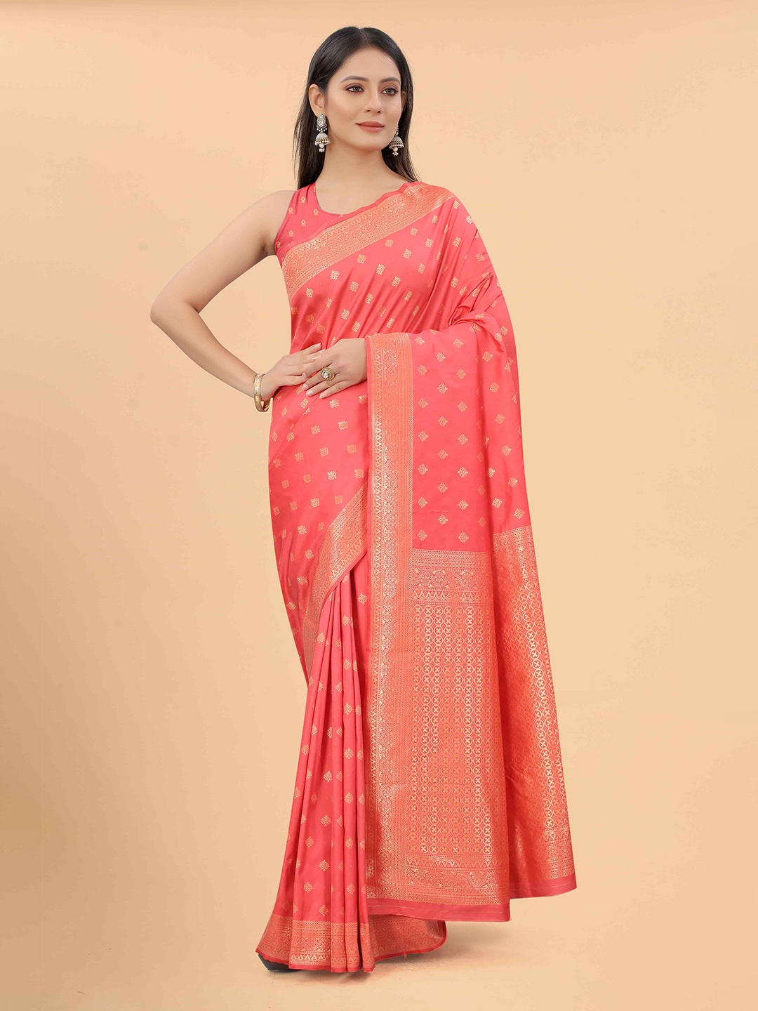

Silk Land Pink & Gold-Toned Ethnic Motifs Pure Silk Banarasi Saree