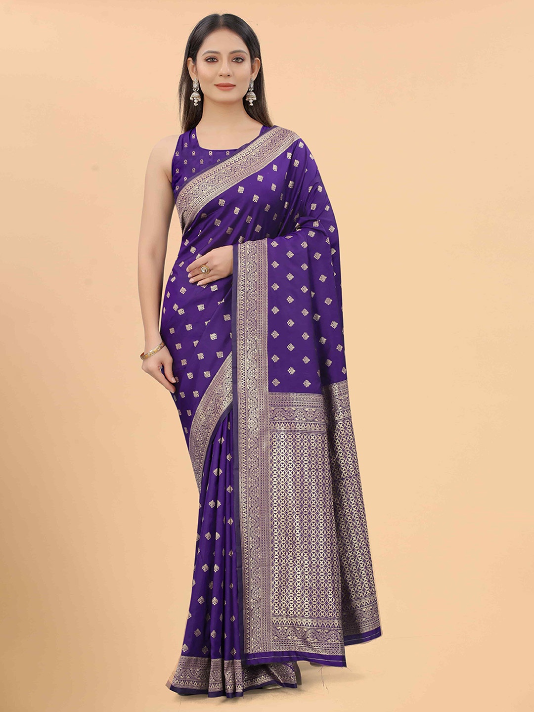 

Silk Land Women Purple & Gold-Toned Ethnic Motifs Zari Pure Silk Banarasi Saree