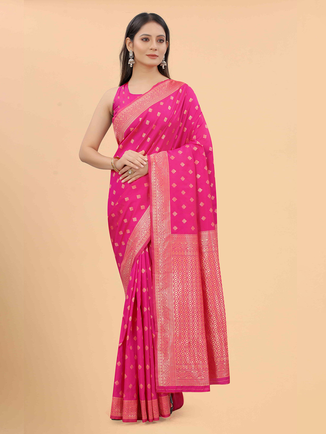 

Silk Land Pink & Gold-Toned Woven Design Zari Pure Silk Banarasi Saree