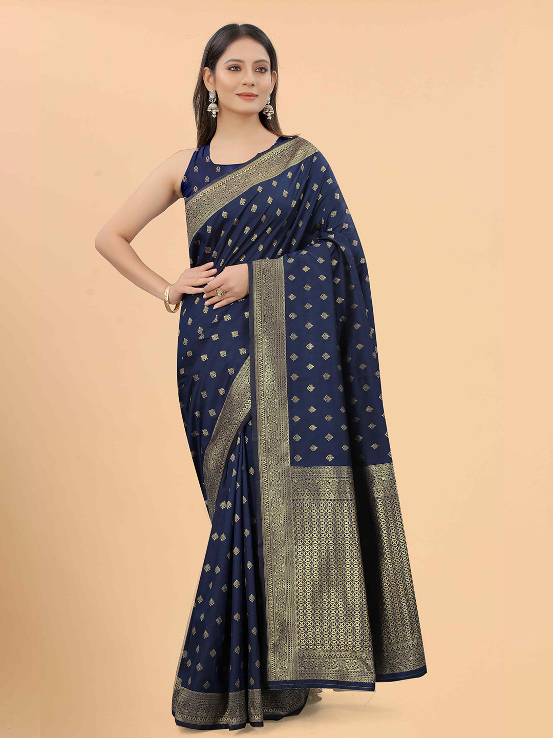 

Silk Land Navy Blue & Gold-Toned Woven Design Zari Pure Silk Banarasi Saree