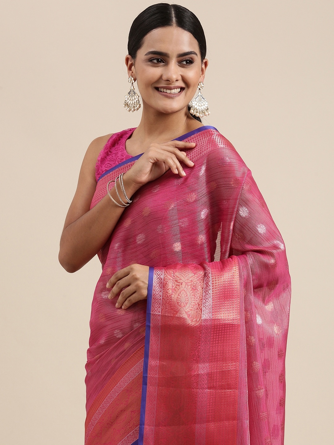 

PERFECTBLUE Pink Woven Design Cotton Silk Saree
