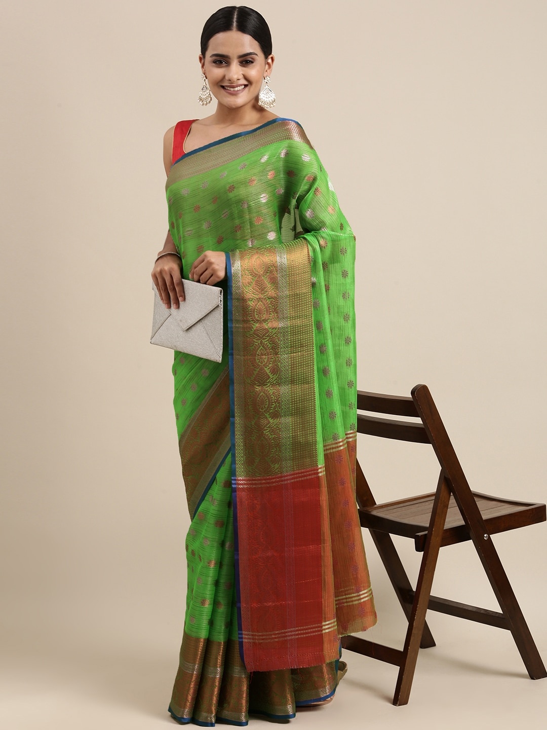 

PERFECTBLUE Green Woven Design Cotton Silk Saree