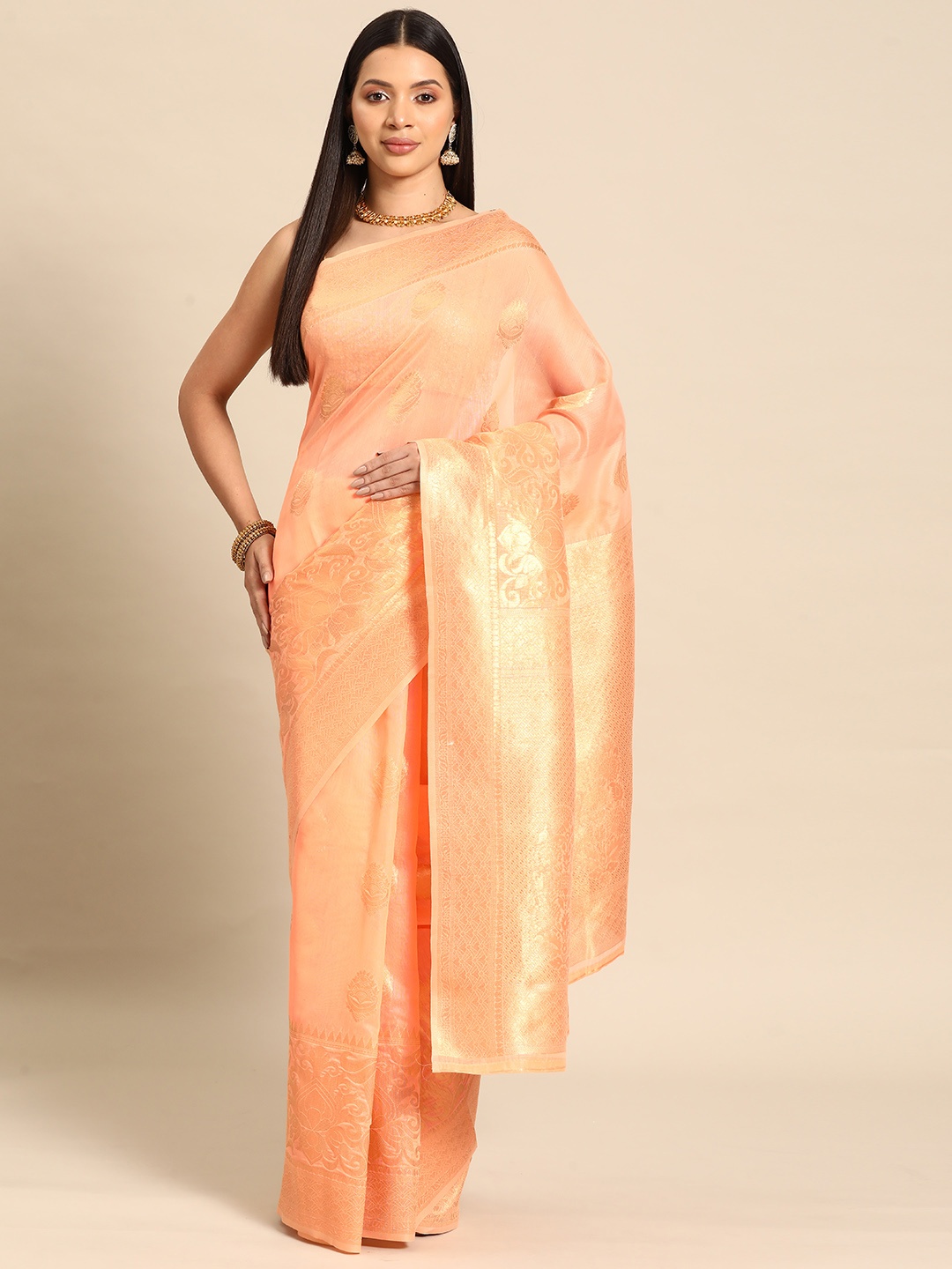 

Silk Land Peach-Coloured Gold-Toned Woven Zari Design Saree