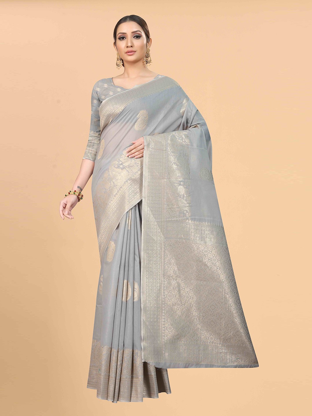 

Silk Land Grey & Gold-Toned Woven Design Zari Saree