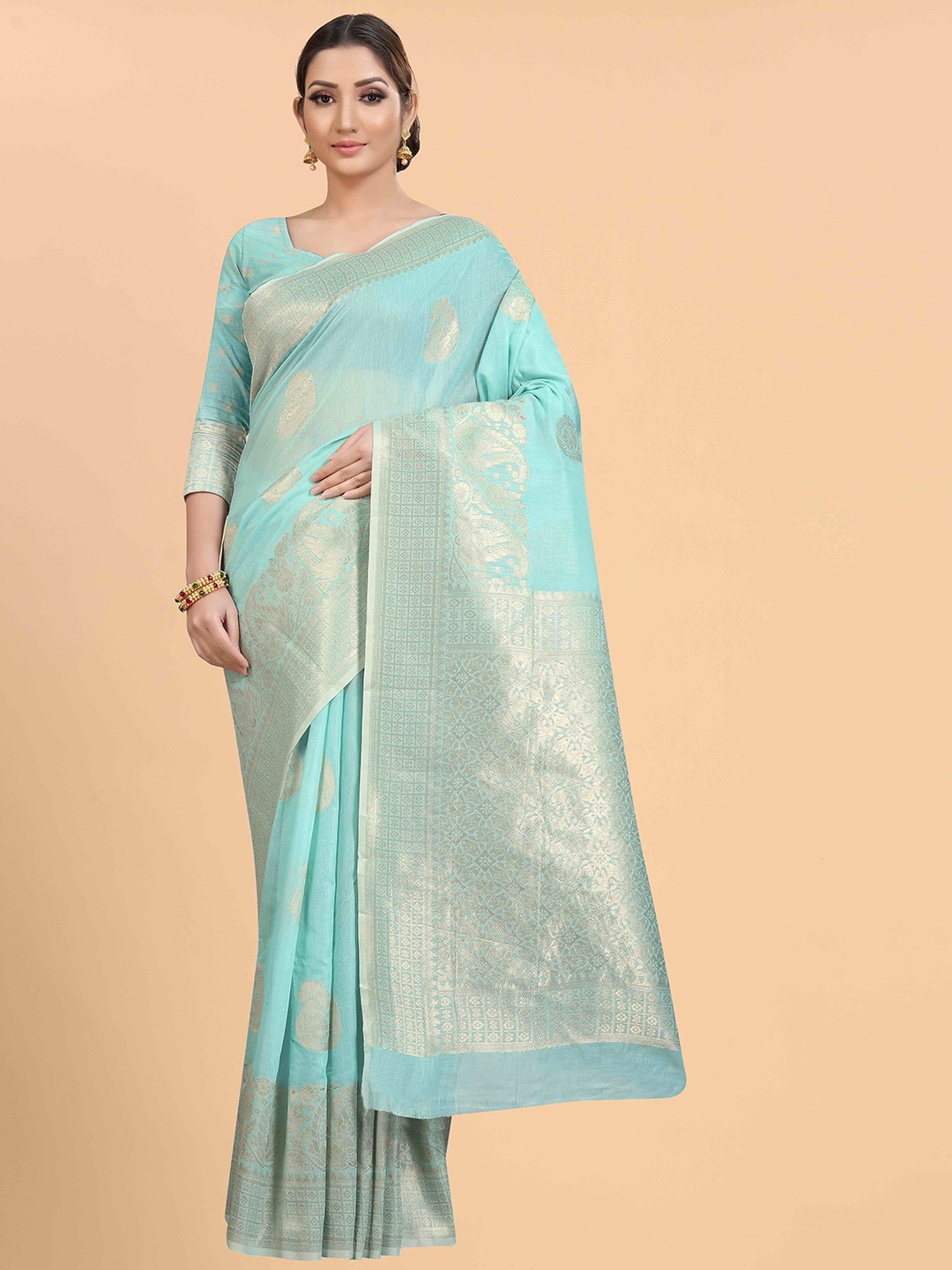 

Silk Land Blue & Silver-Toned Paisley Woven Design Zari Saree