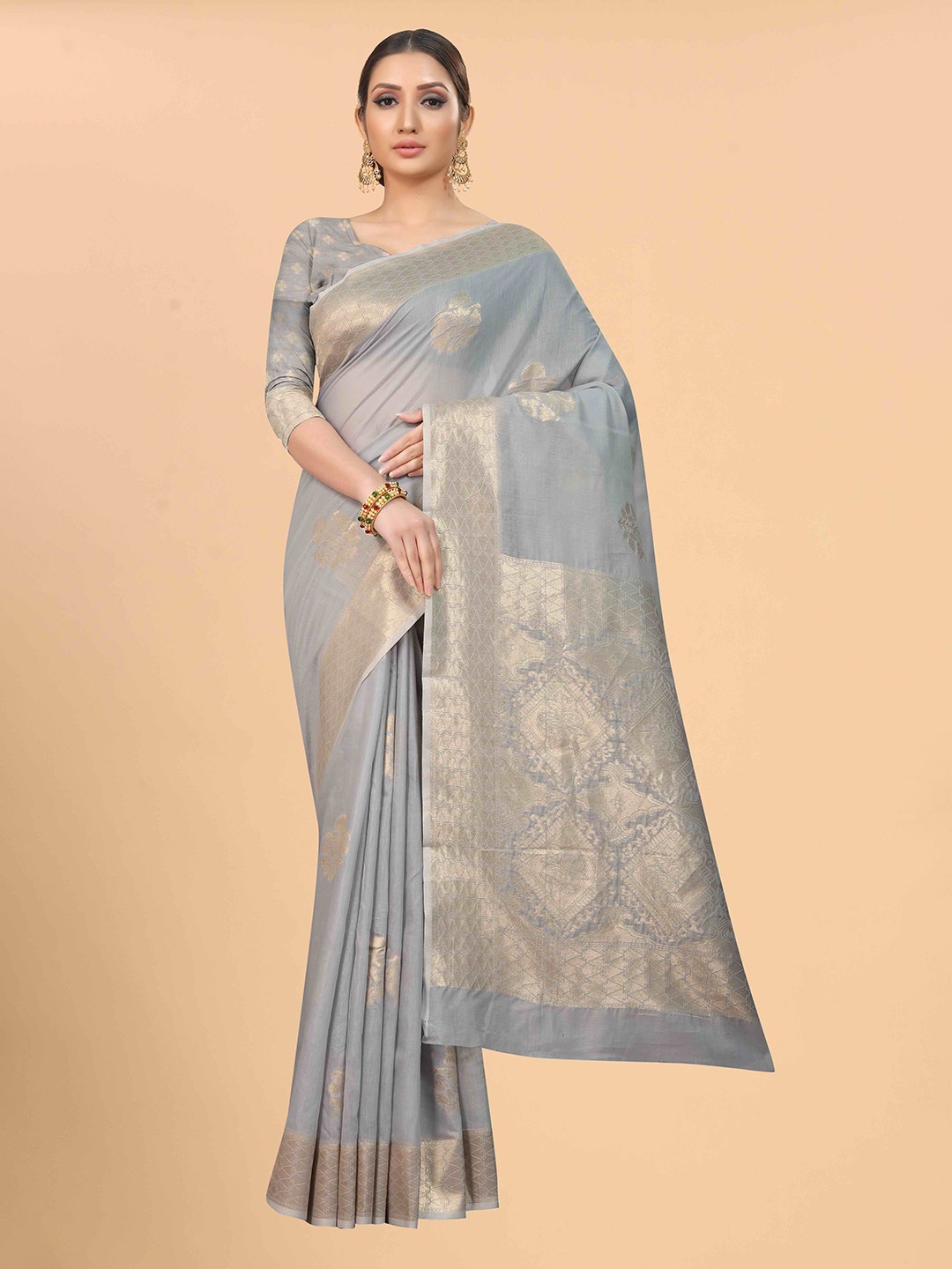 

Silk Land Grey & Gold-Toned Woven Design Zari Saree