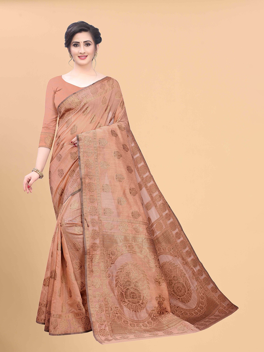 

Silk Land Peach-Coloured & Gold-Toned Woven Design Zari Pure Cotton Fusion Saree