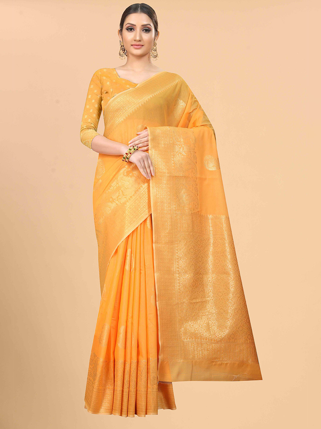 

Silk Land Orange & Gold-Toned Woven Design Zari Saree