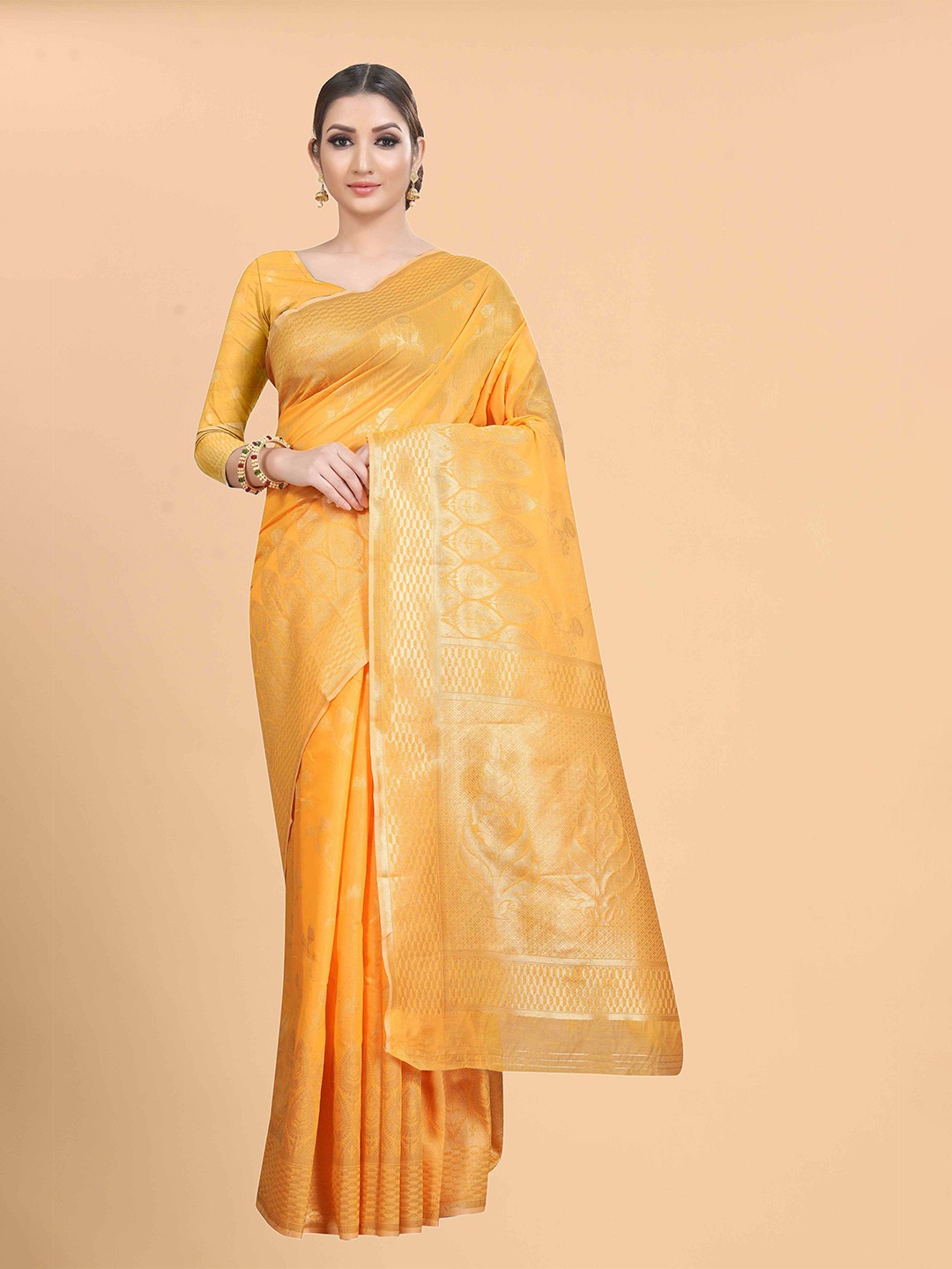 

Silk Land Orange Gold-Toned Floral Zari Saree