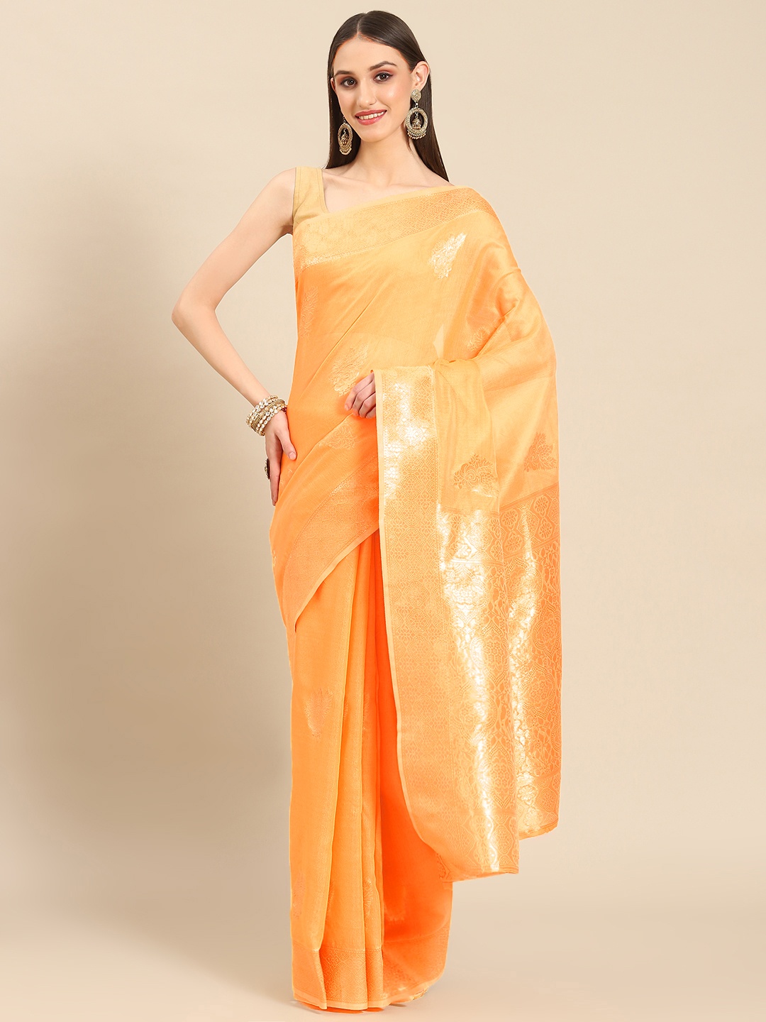 

Silk Land Orange & Gold-Toned Woven Design Zari Saree