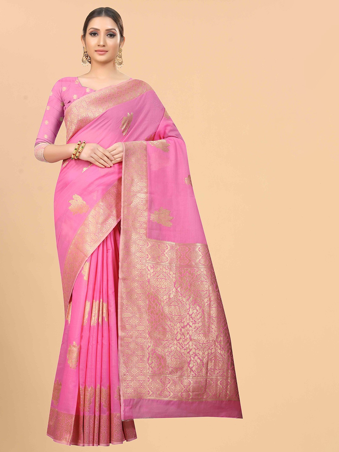 

Silk Land Pink & Gold-Toned Woven Design Saree