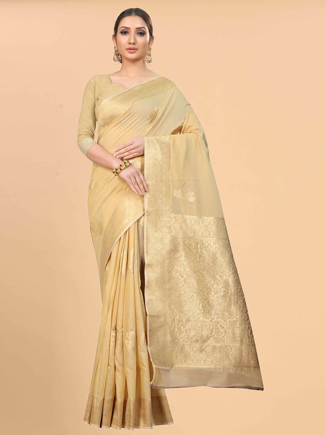

Silk Land Beige & Gold-Toned Ethnic Motifs Zari Woven Saree