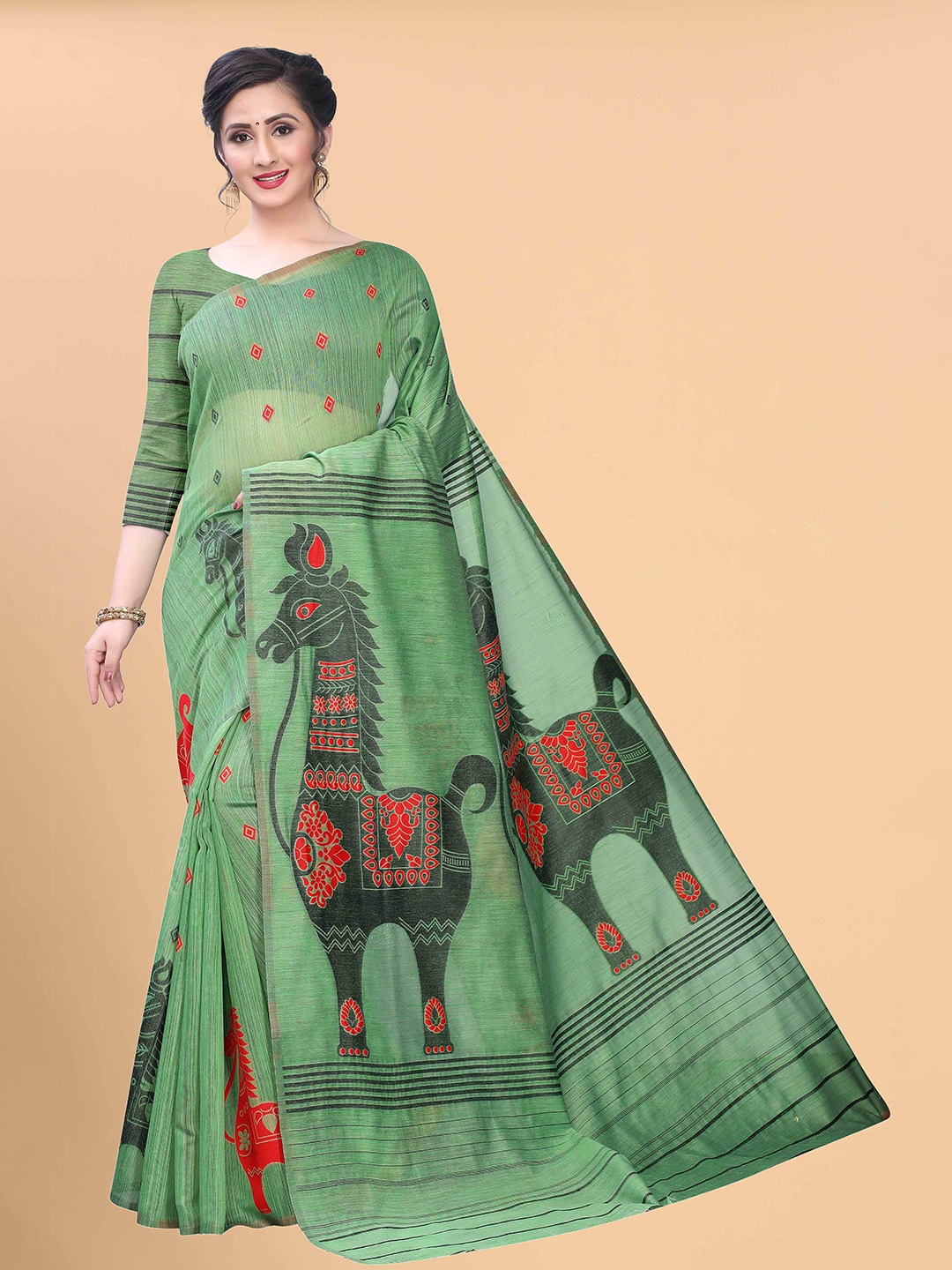

Silk Land Green & Red Woven Design Zari Pure Cotton Fusion Saree