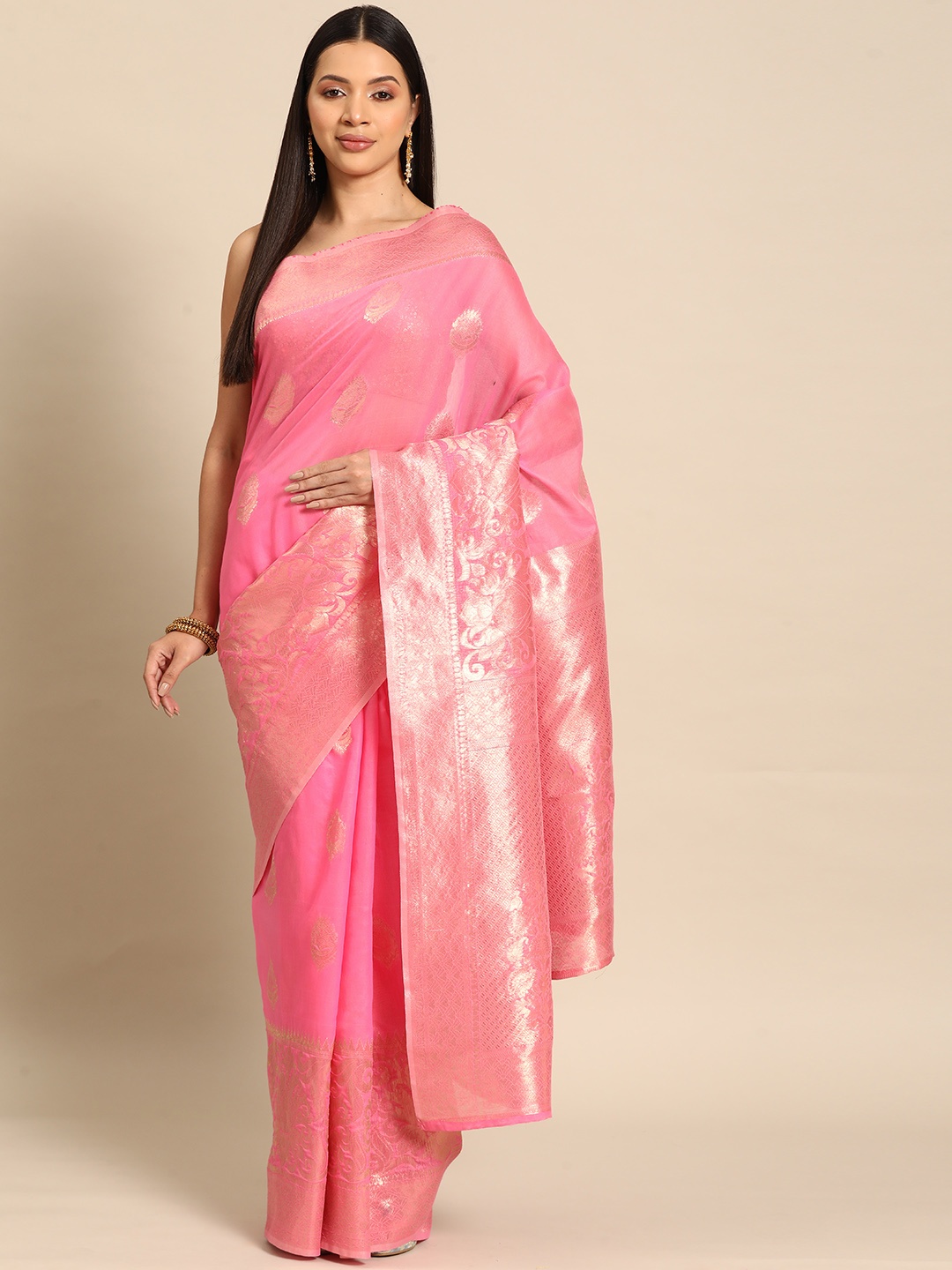 

Silk Land Pink & Gold-Toned Woven Design Saree