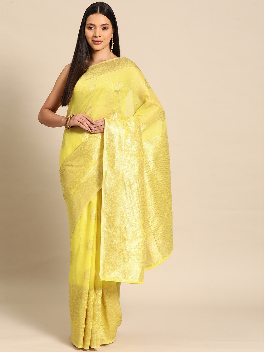 

Silk Land Yellow & Gold-Toned Woven Design Zari Fusion Saree