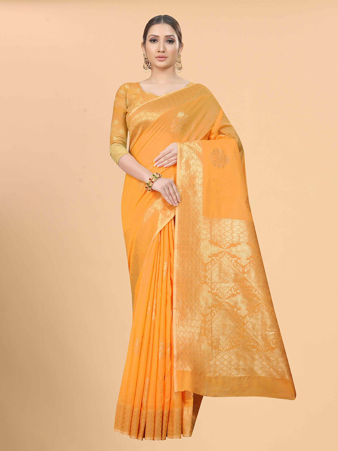 

Silk Land Orange & Gold-Toned Woven Design Zari Fusion Saree