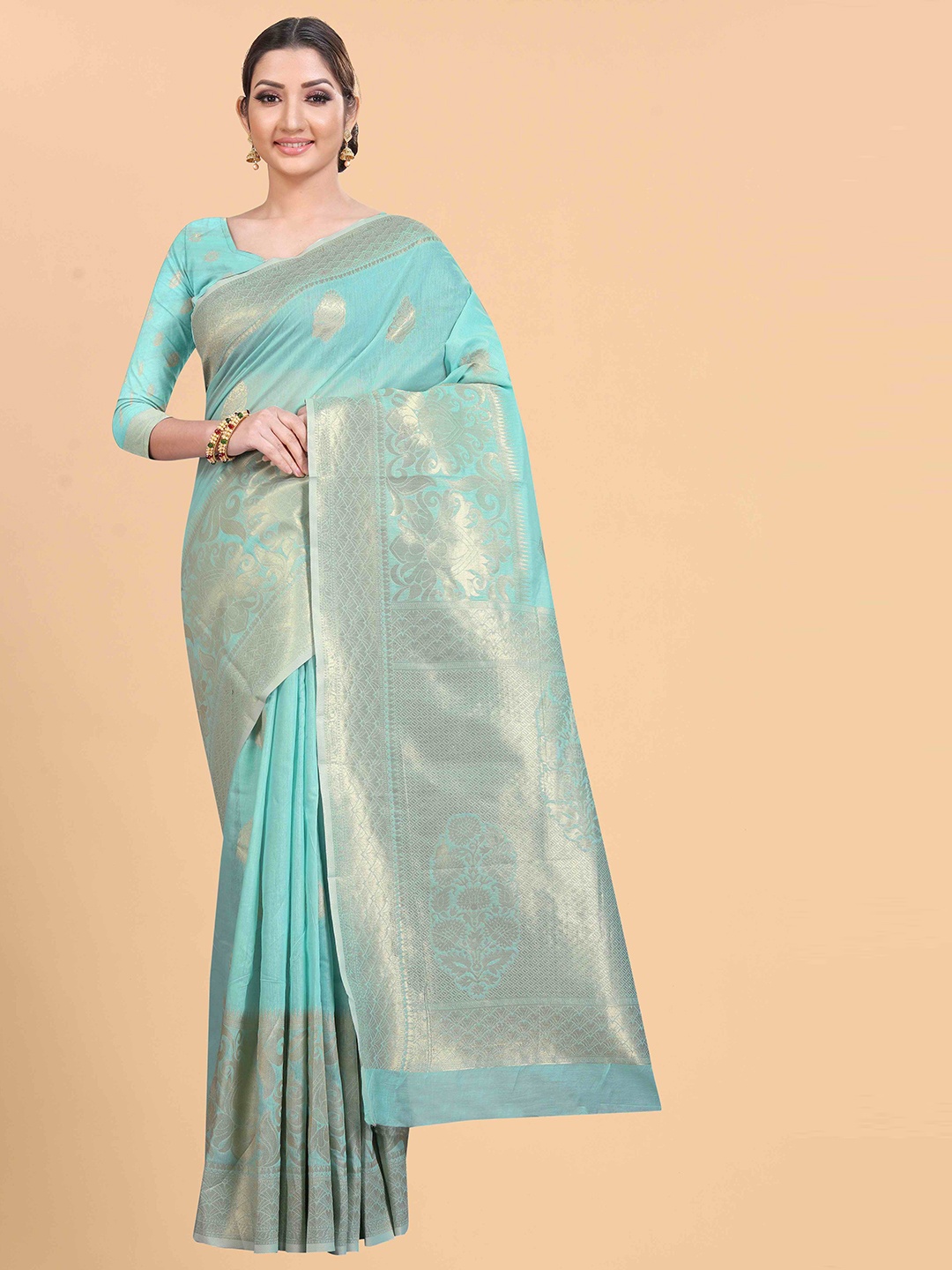 

Silk Land Blue & Gold-Toned Woven Design Zari Saree