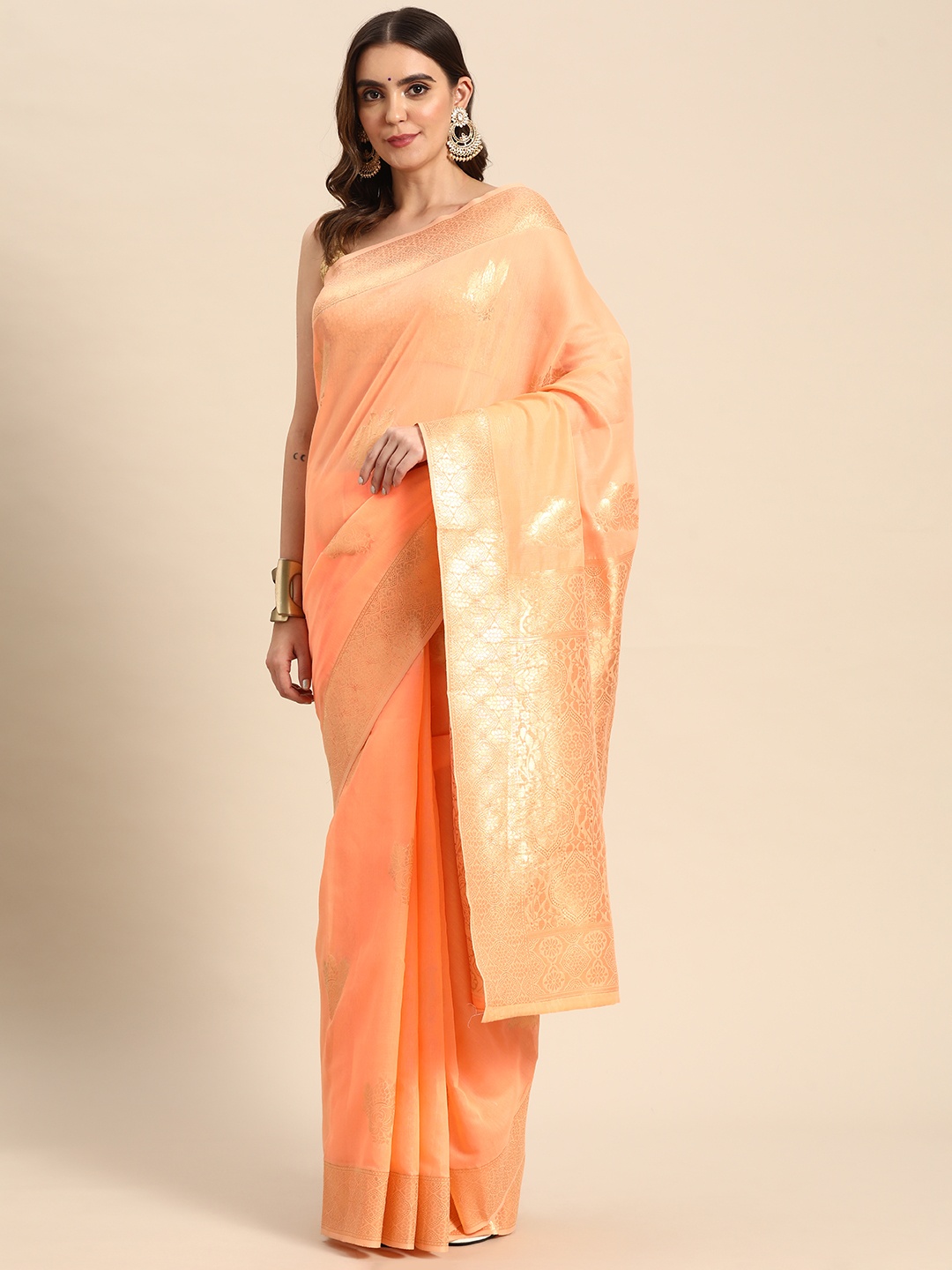 

Silk Land Peach-Coloured & Gold-Toned Ethnic Motifs Zari Woven Design Saree