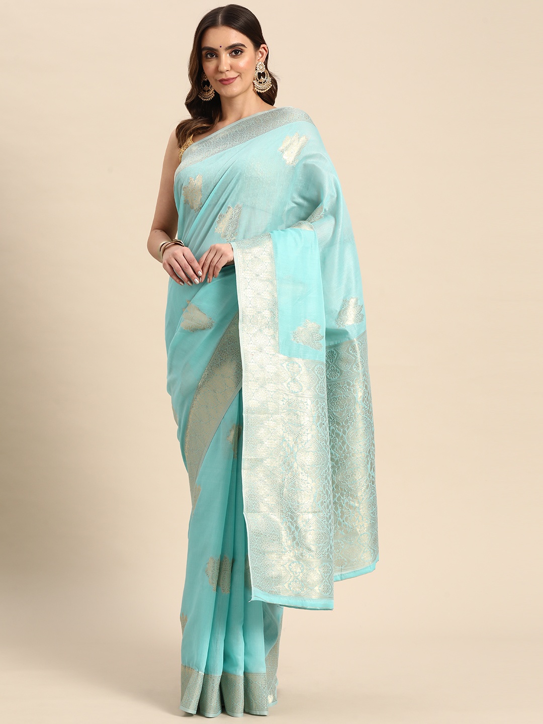 

Silk Land Blue & Gold-Toned Woven Design Zari Saree