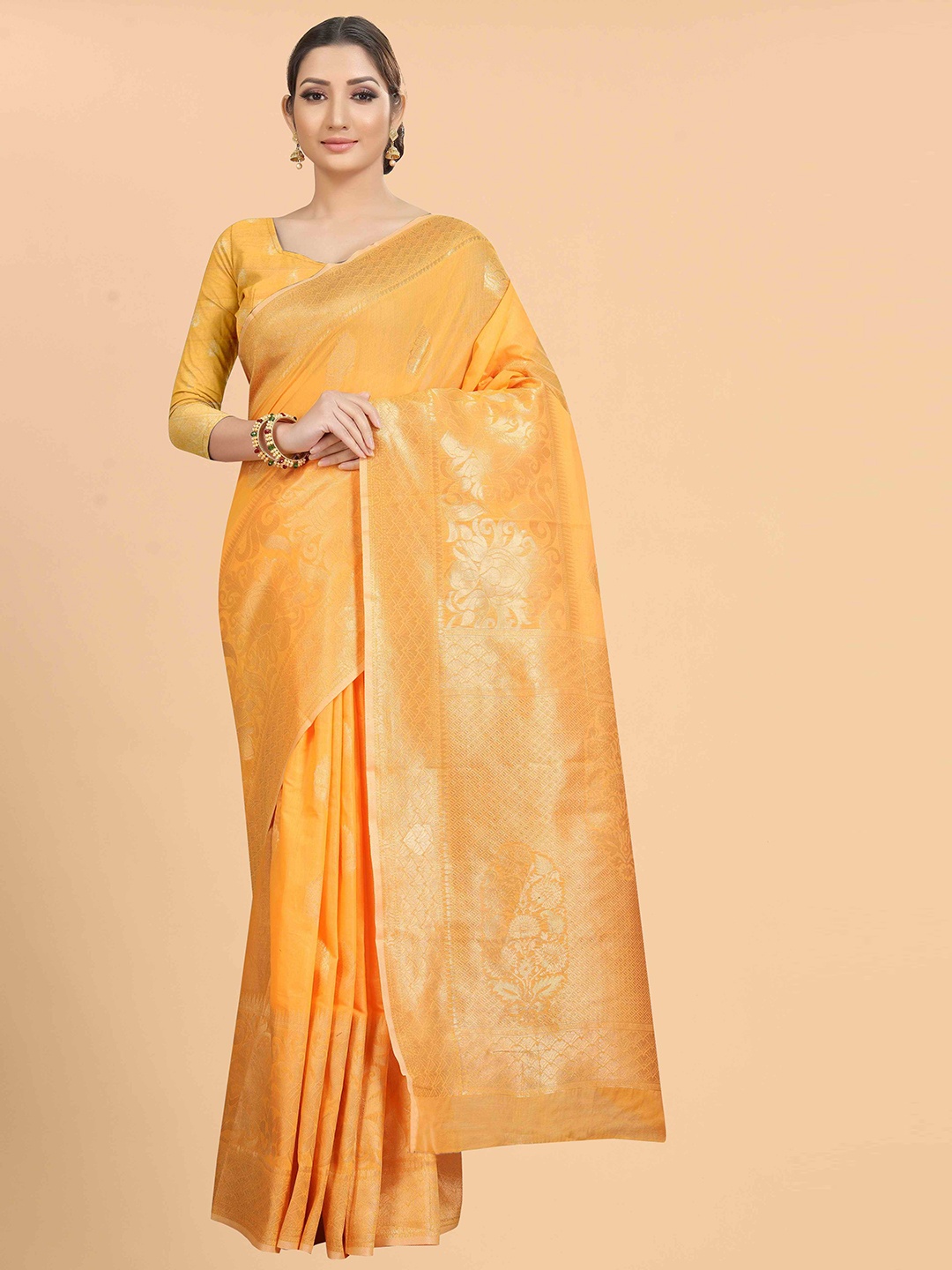 

Silk Land Women Orange & Gold-Toned Woven Design Zari Saree