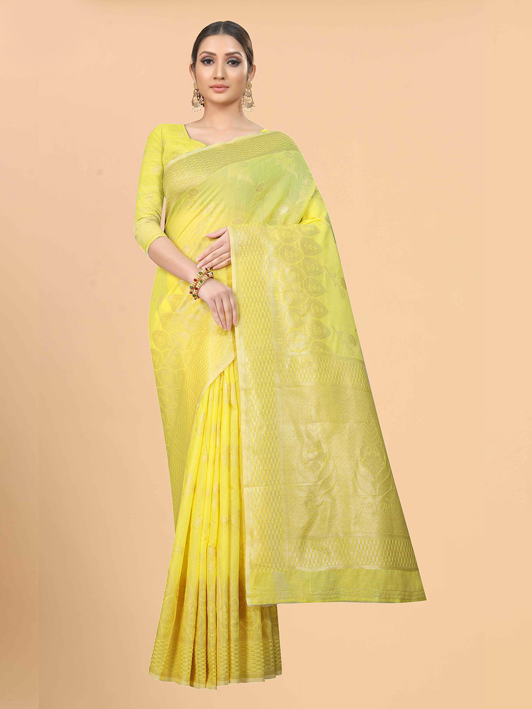 

Silk Land Yellow & Gold-Toned Woven Design Saree