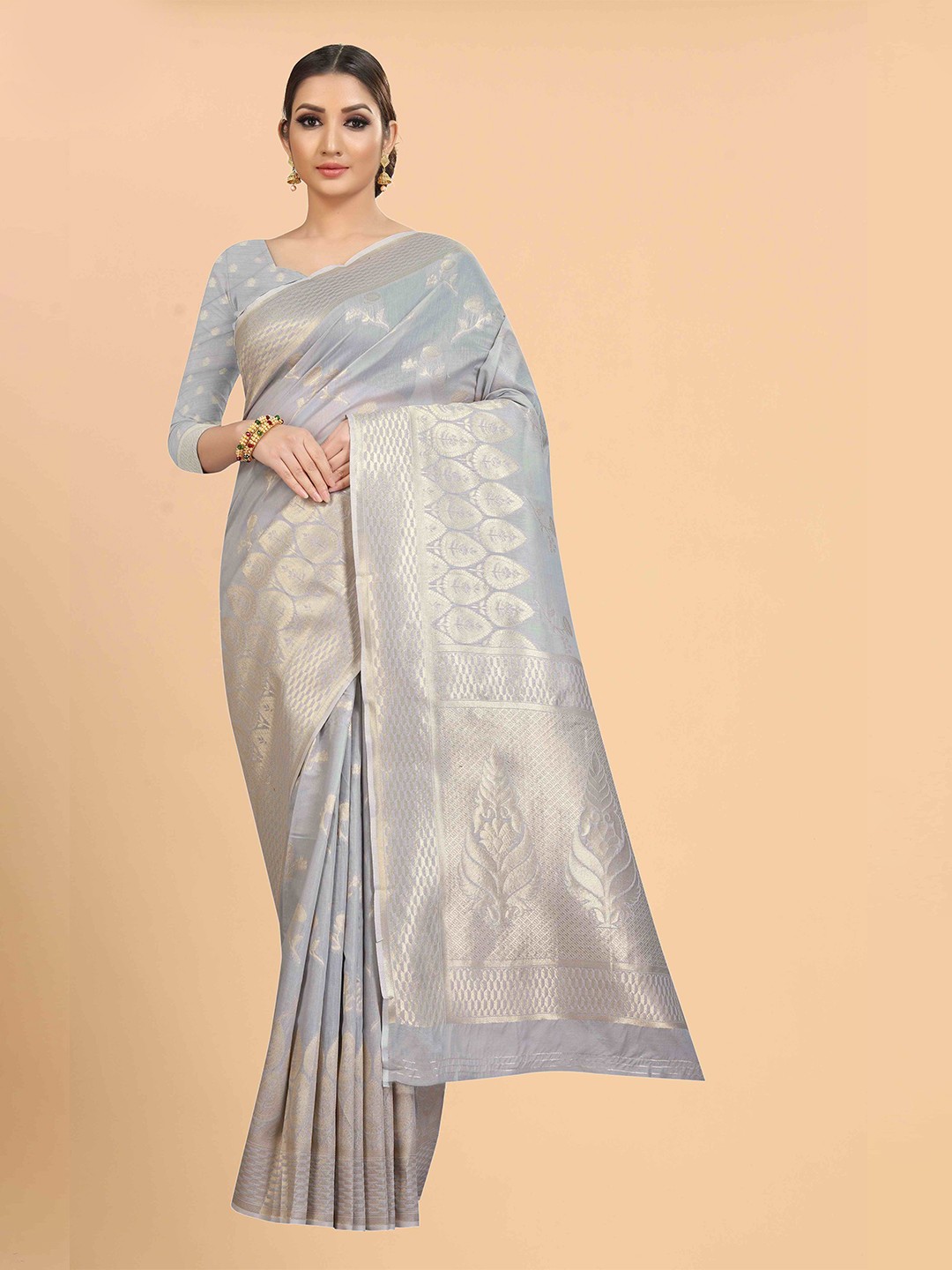 

Silk Land Grey & Gold-Toned Woven Design Zari Fusion Saree