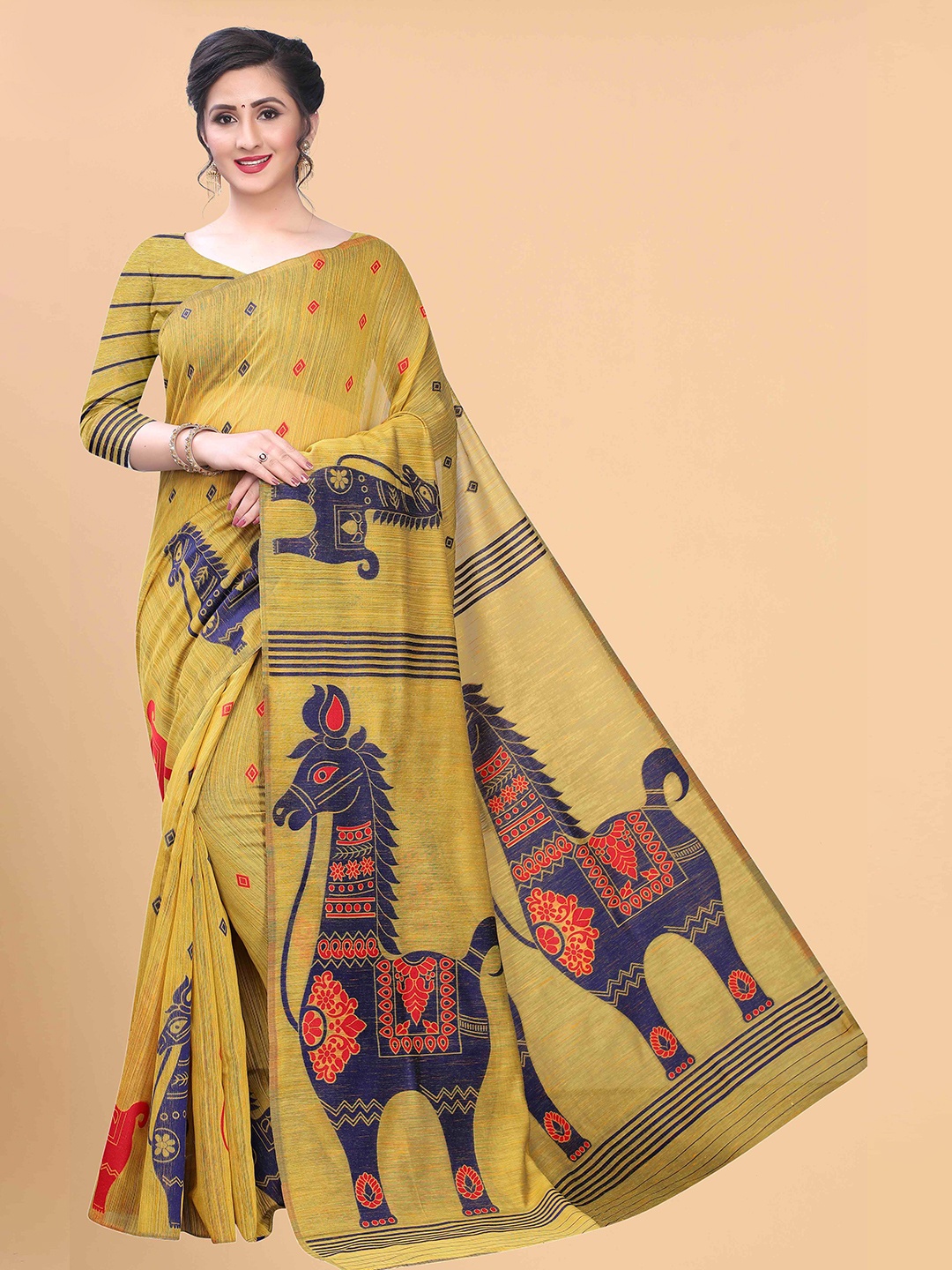 

Silk Land Mustard & Navy Blue Woven Design Zari Pure Cotton Fusion Saree