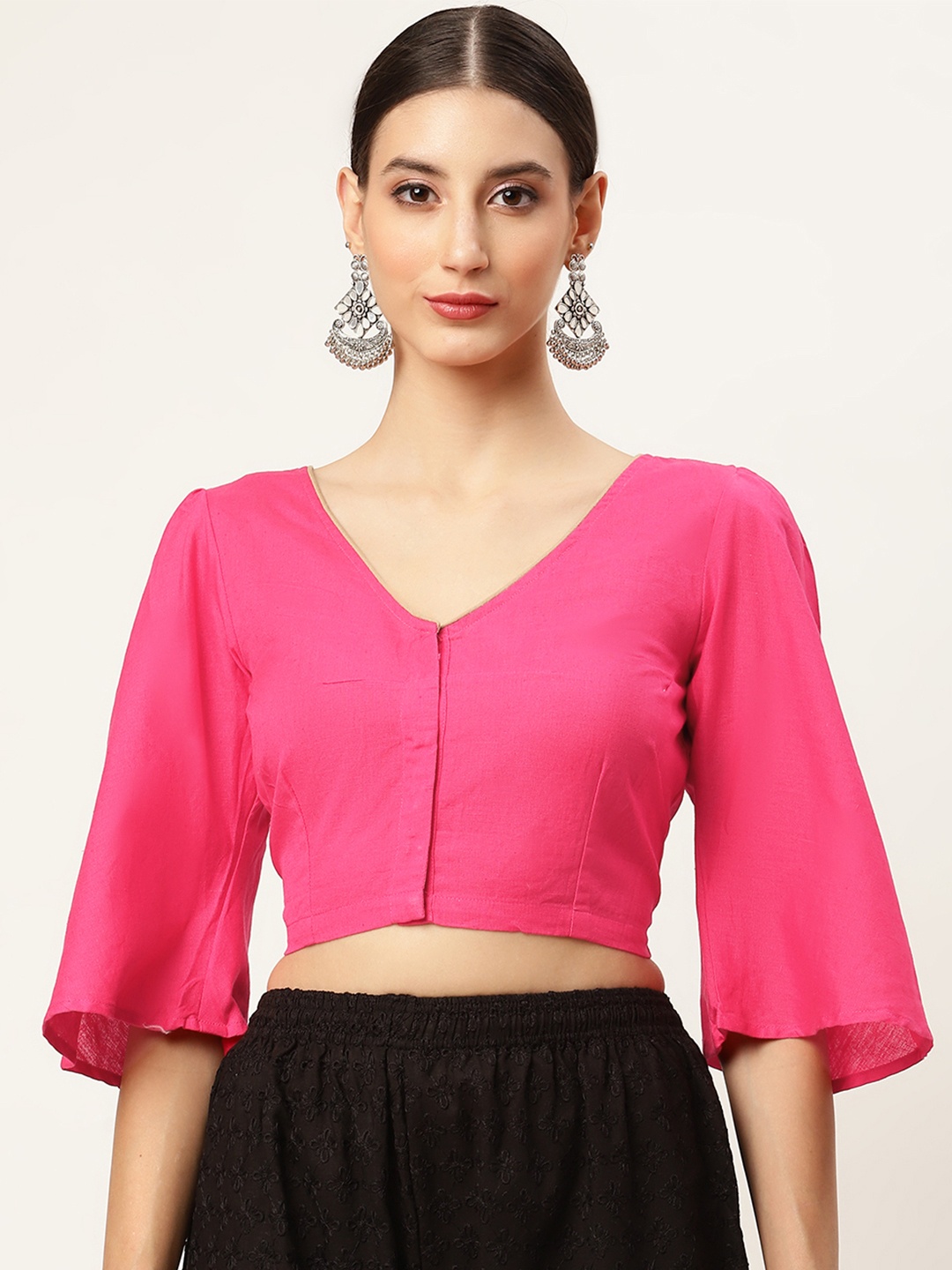 

Molcha Pink Solid Padded Saree Blouse with Bell Sleeves