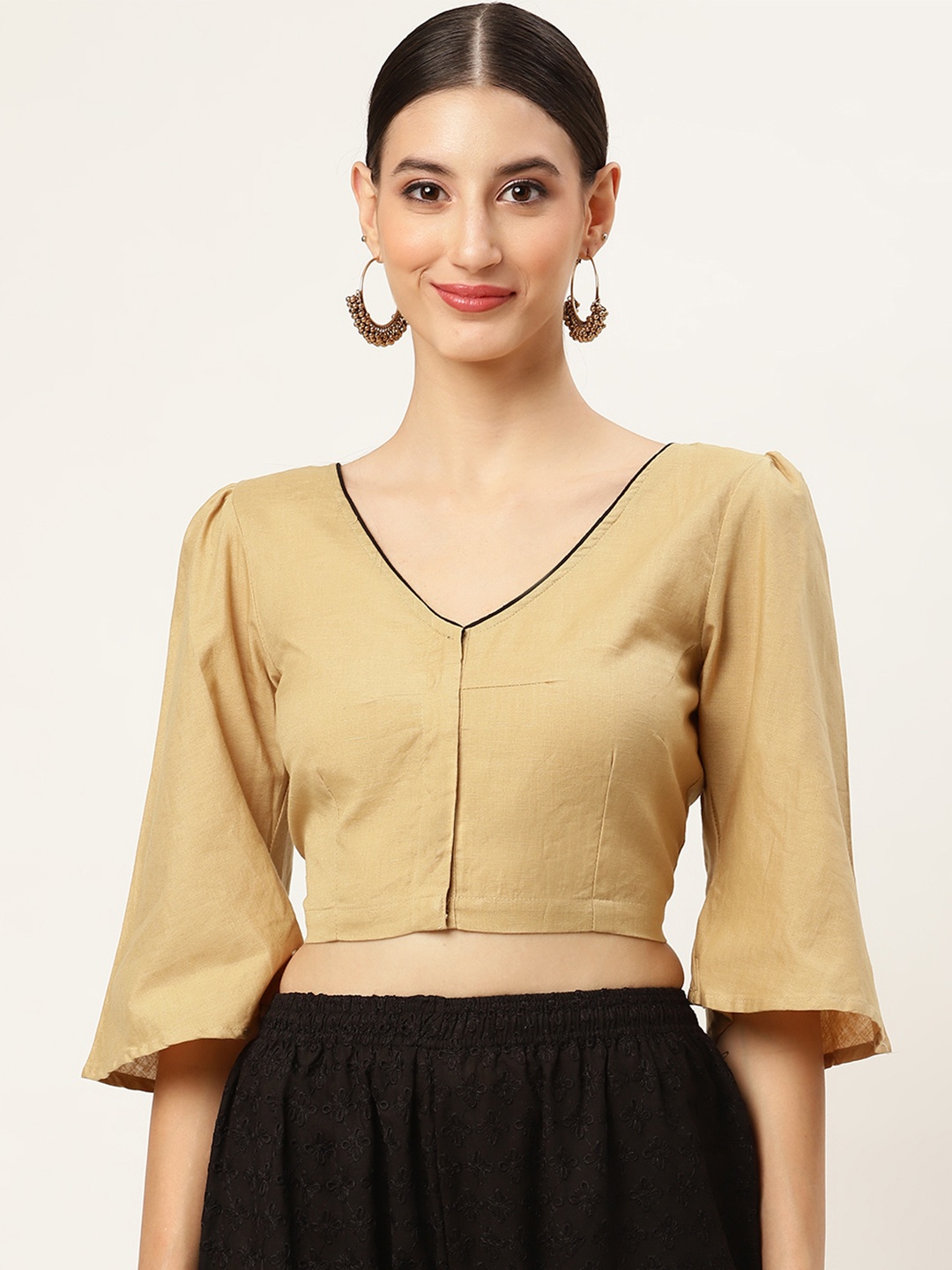 Molcha Women Beige Cotton Saree Blouse with Flared Sleeves