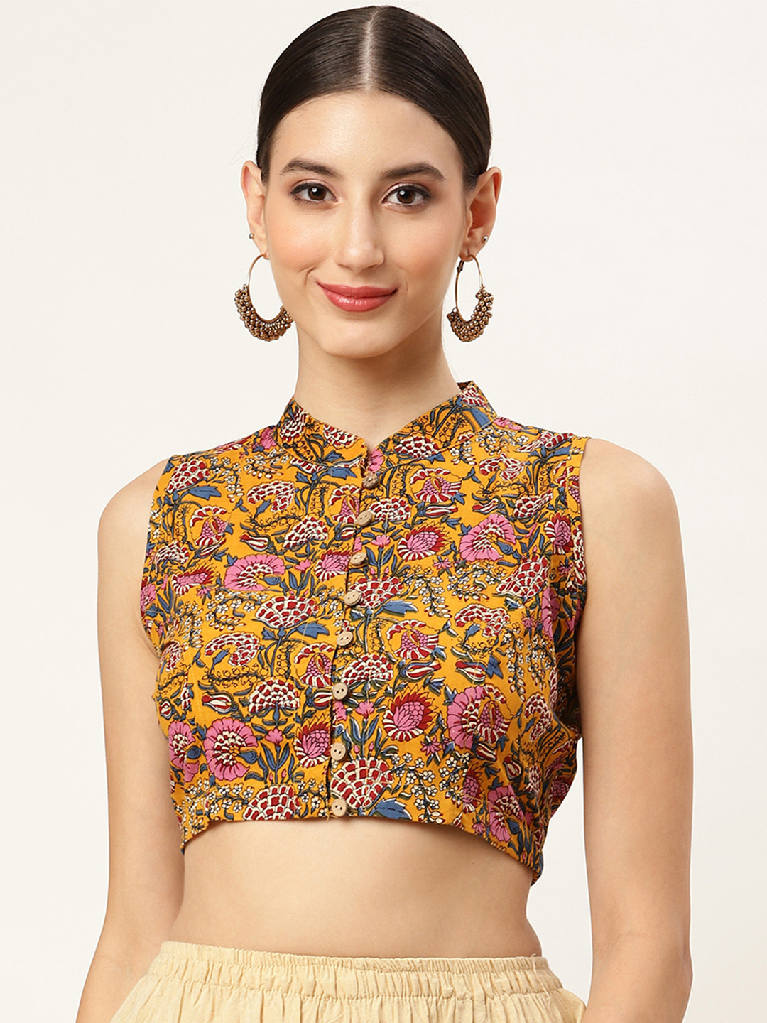 

Molcha Women Mustard Yellow and Pink Printed Cotton Saree Blouse