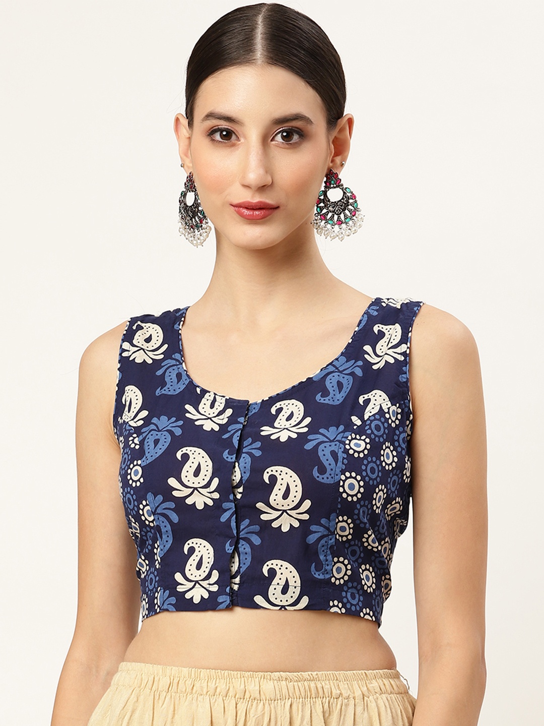 

Molcha Navy Blue & Beige Ethnic Motif Printed Saree Blouse