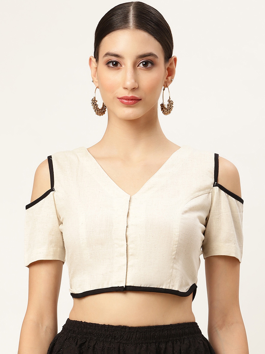 

Molcha Women White Solid Cotton Saree Blouse with Cold-Shoulder Sleeves