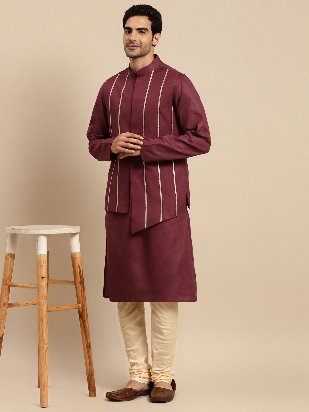 

KISAH Men Maroon & Beige Kurta with Churidar & Nehru Jacket