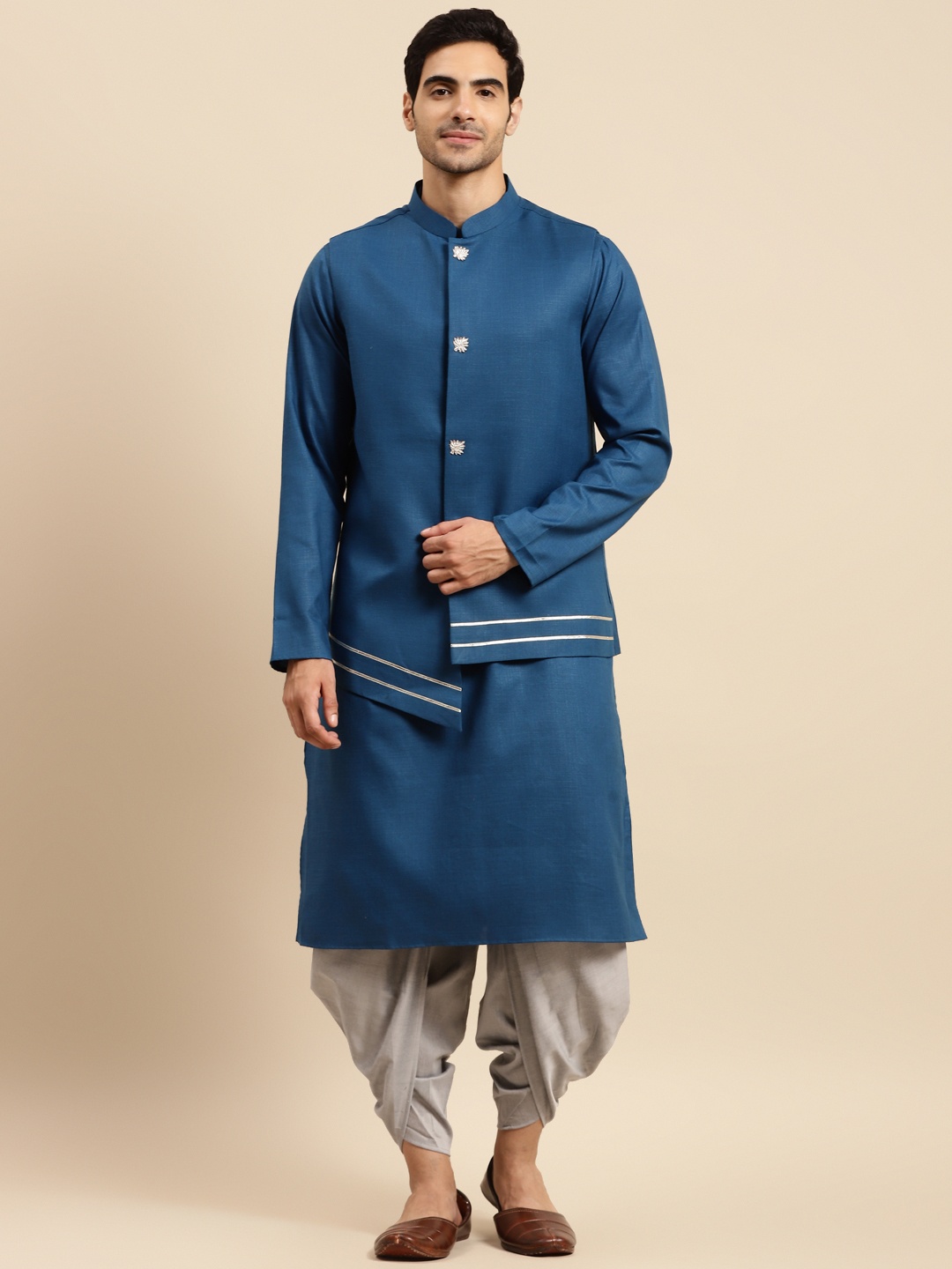 

KISAH Men Teal Blue & Grey Kurta with Dhoti Pants & Nehru Jacket