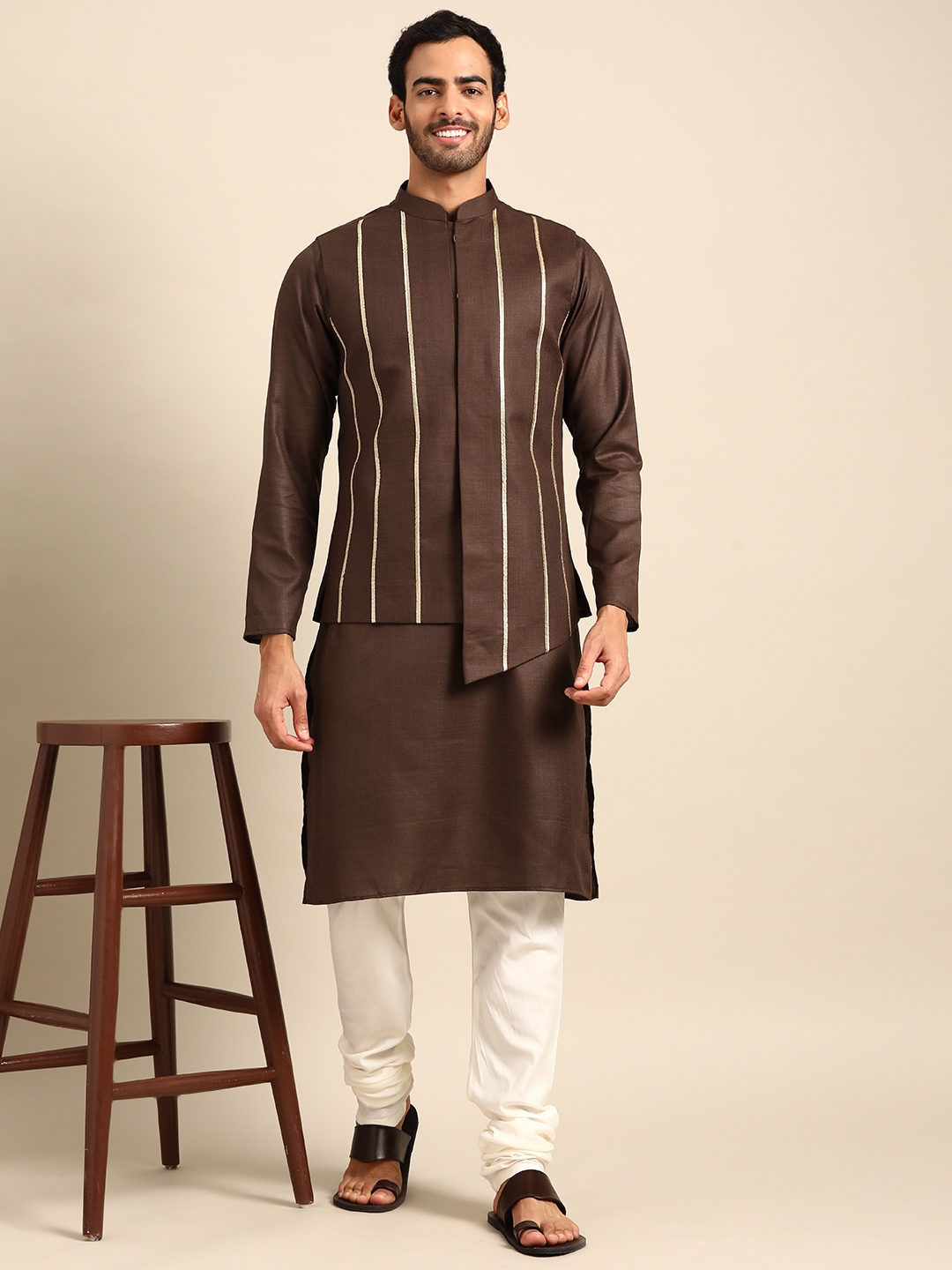

KISAH Lace Work Solid Dyed KKurta With Churidar & Nehru Jacket, Brown
