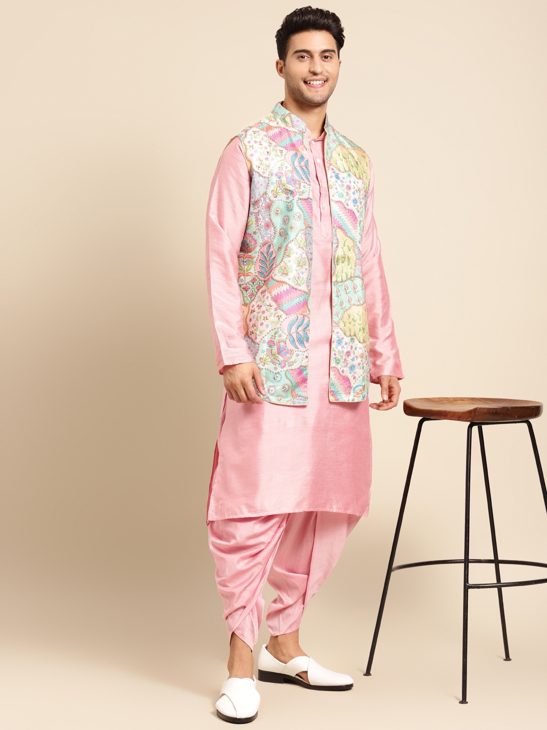 

KISAH Men Pink Kurta with Dhoti Pants & Nehru Jacket