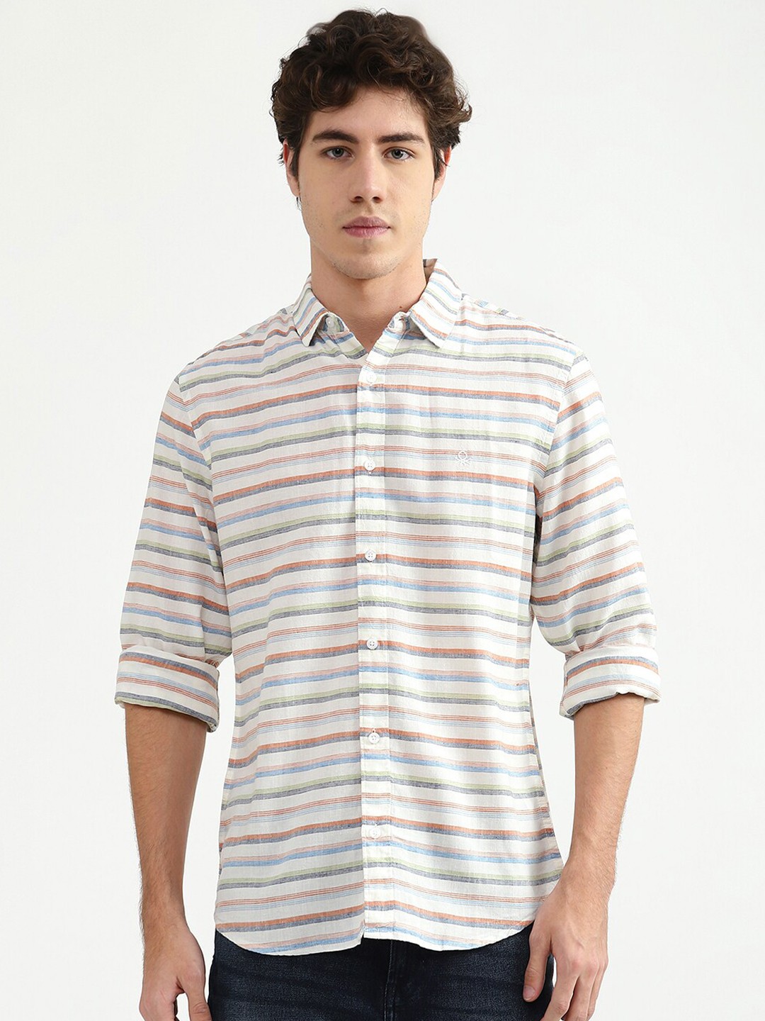 

United Colors of Benetton Men White Horizontal Stripes Striped Casual Shirt