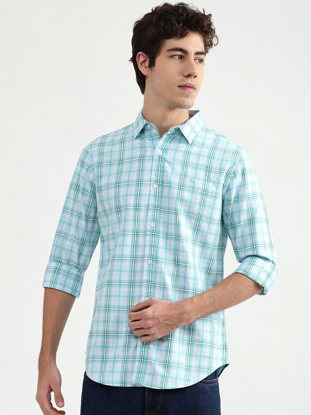 

United Colors of Benetton Men Sea Green Tartan Checks Checked Casual Shirt