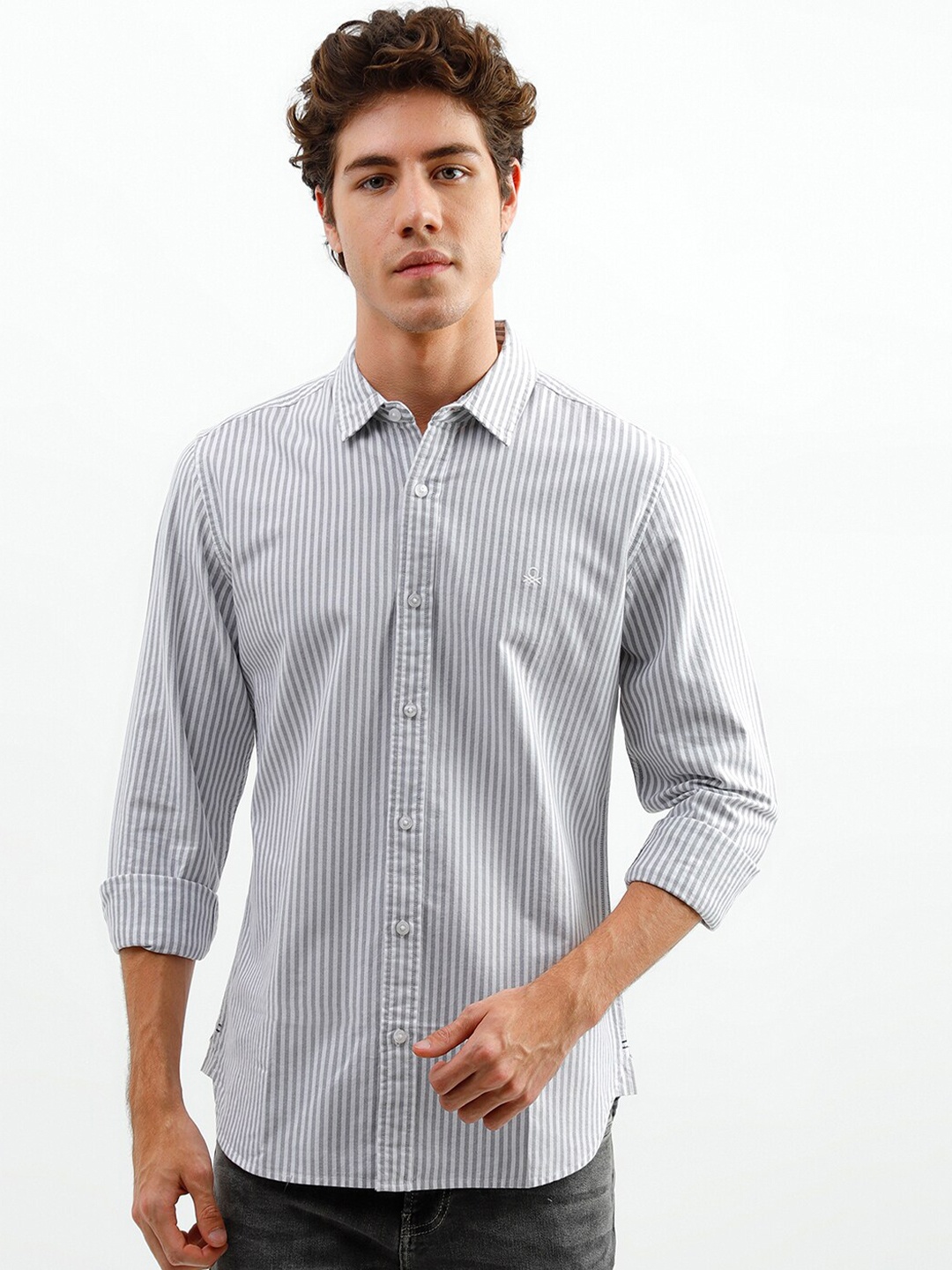 

United Colors of Benetton Men Grey Striped Casual Shirt