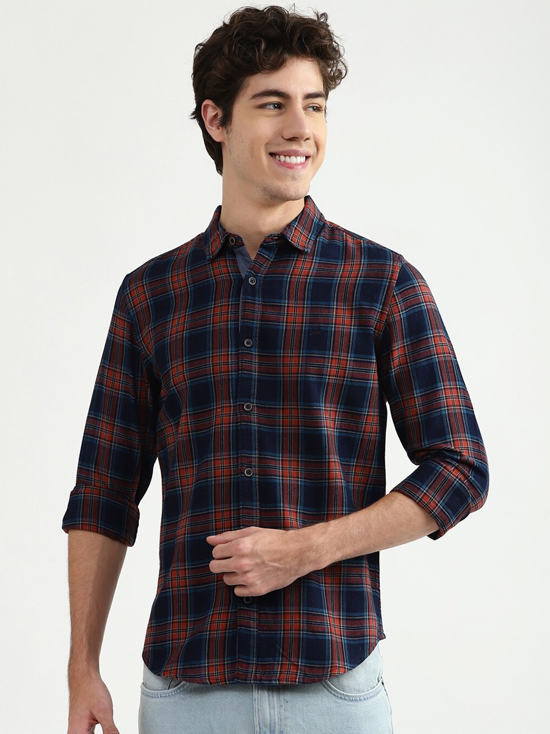 

United Colors of Benetton Men Navy Blue Tartan Checks Checked Casual Shirt