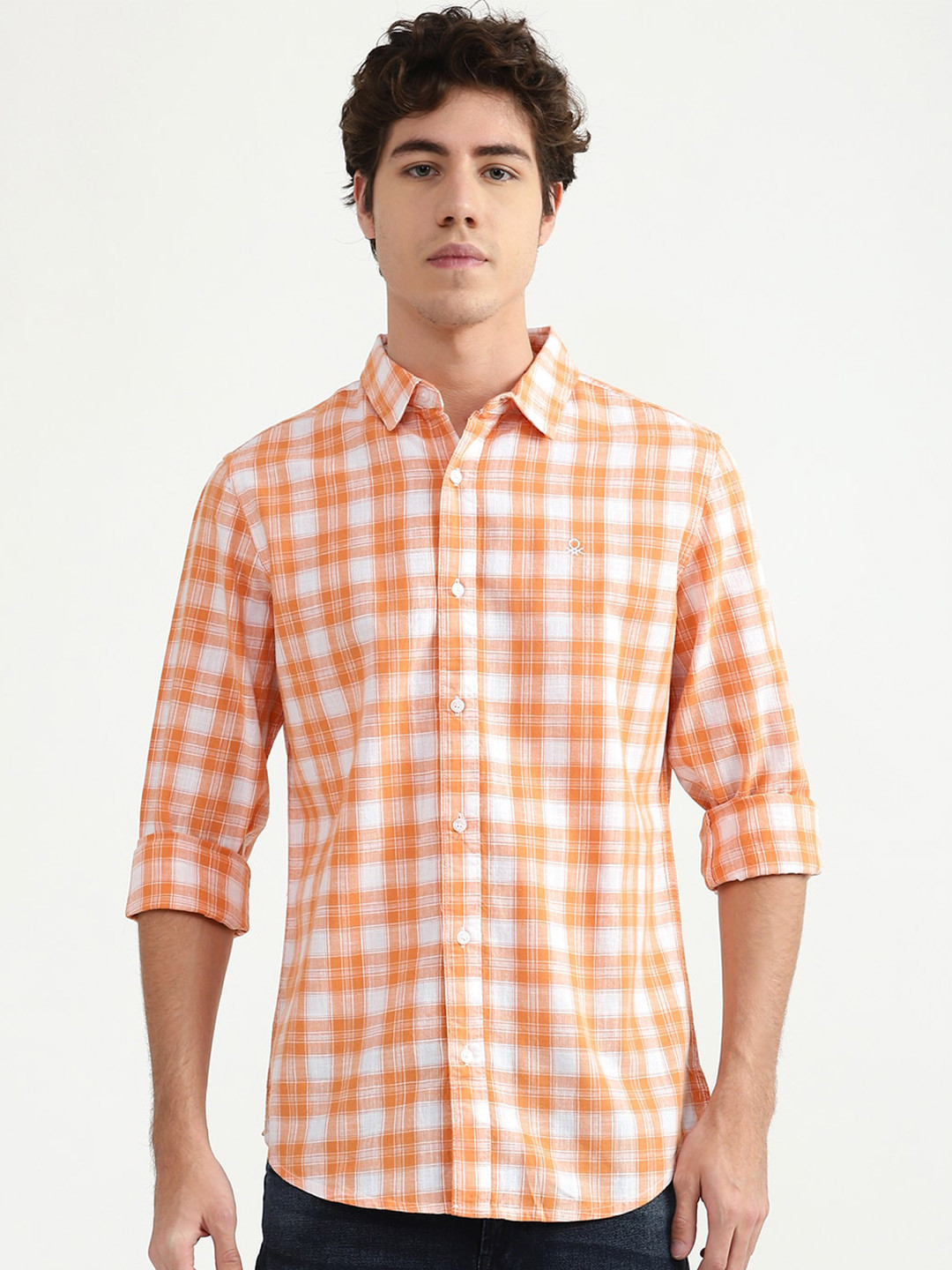 

United Colors of Benetton Men Orange Tartan Checks Checked Casual Shirt