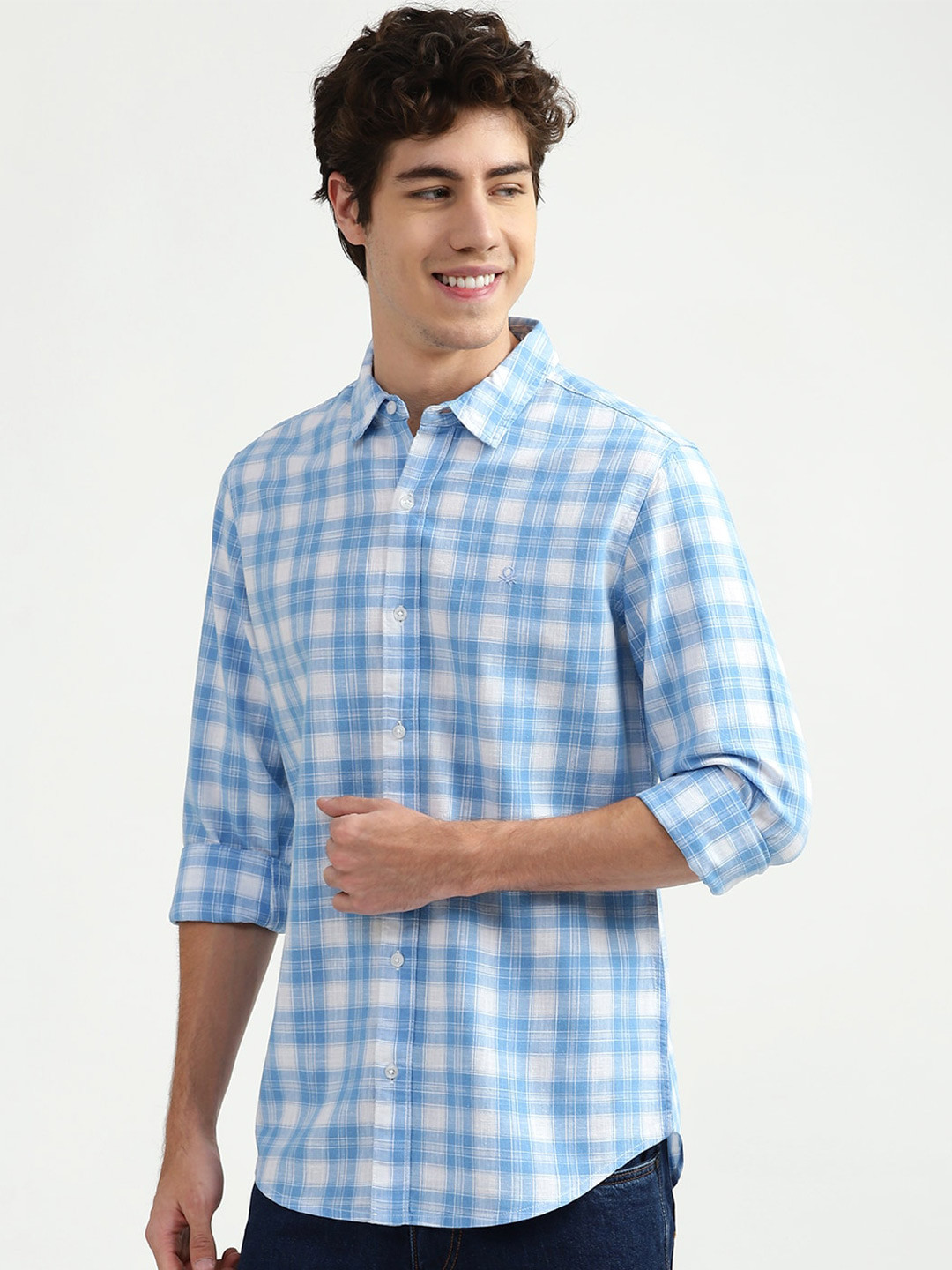 

United Colors of Benetton Men Blue Tartan Checks Checked Casual Shirt