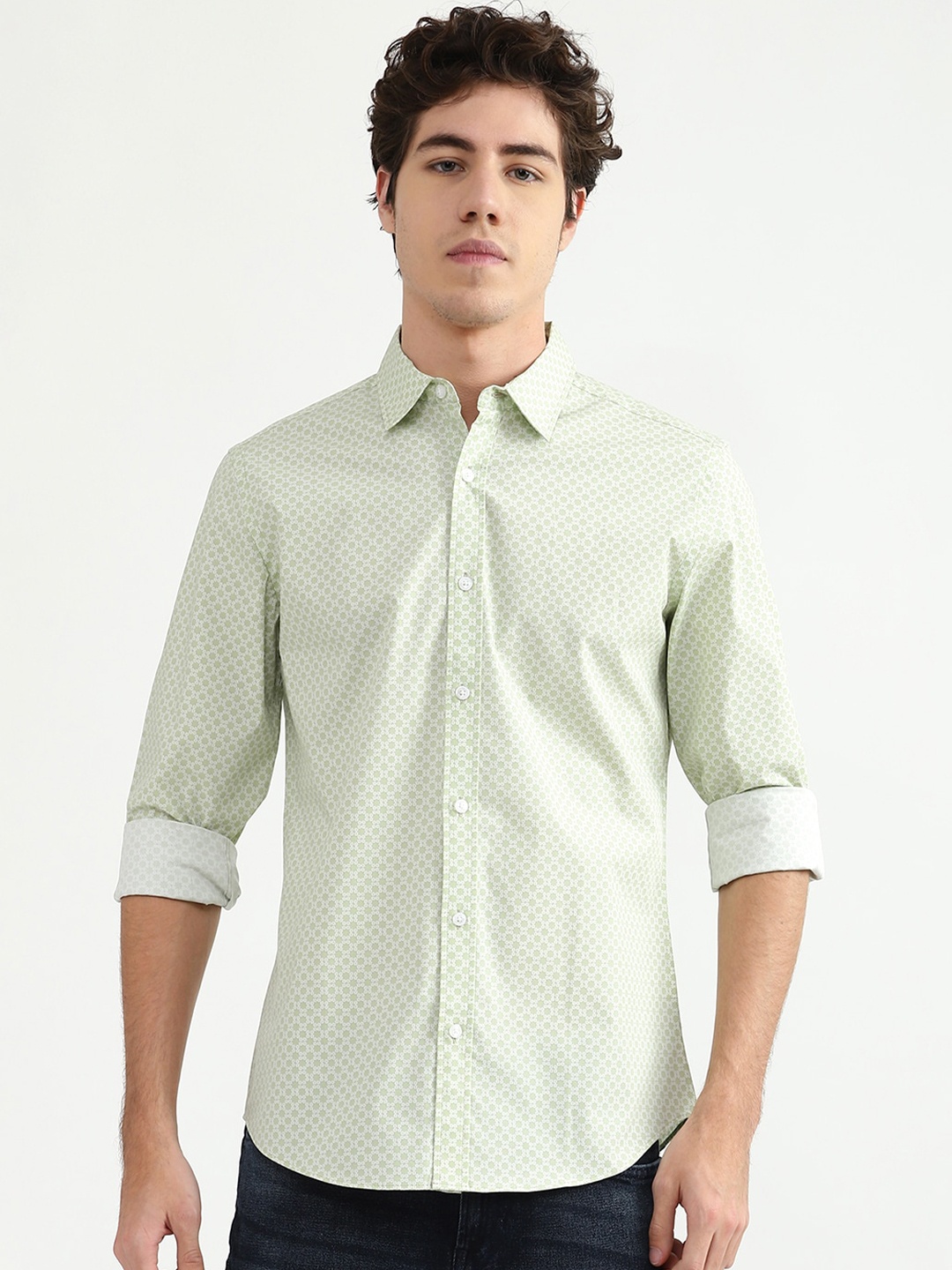 

United Colors of Benetton Men Green Printed Cotton Casual Shirt