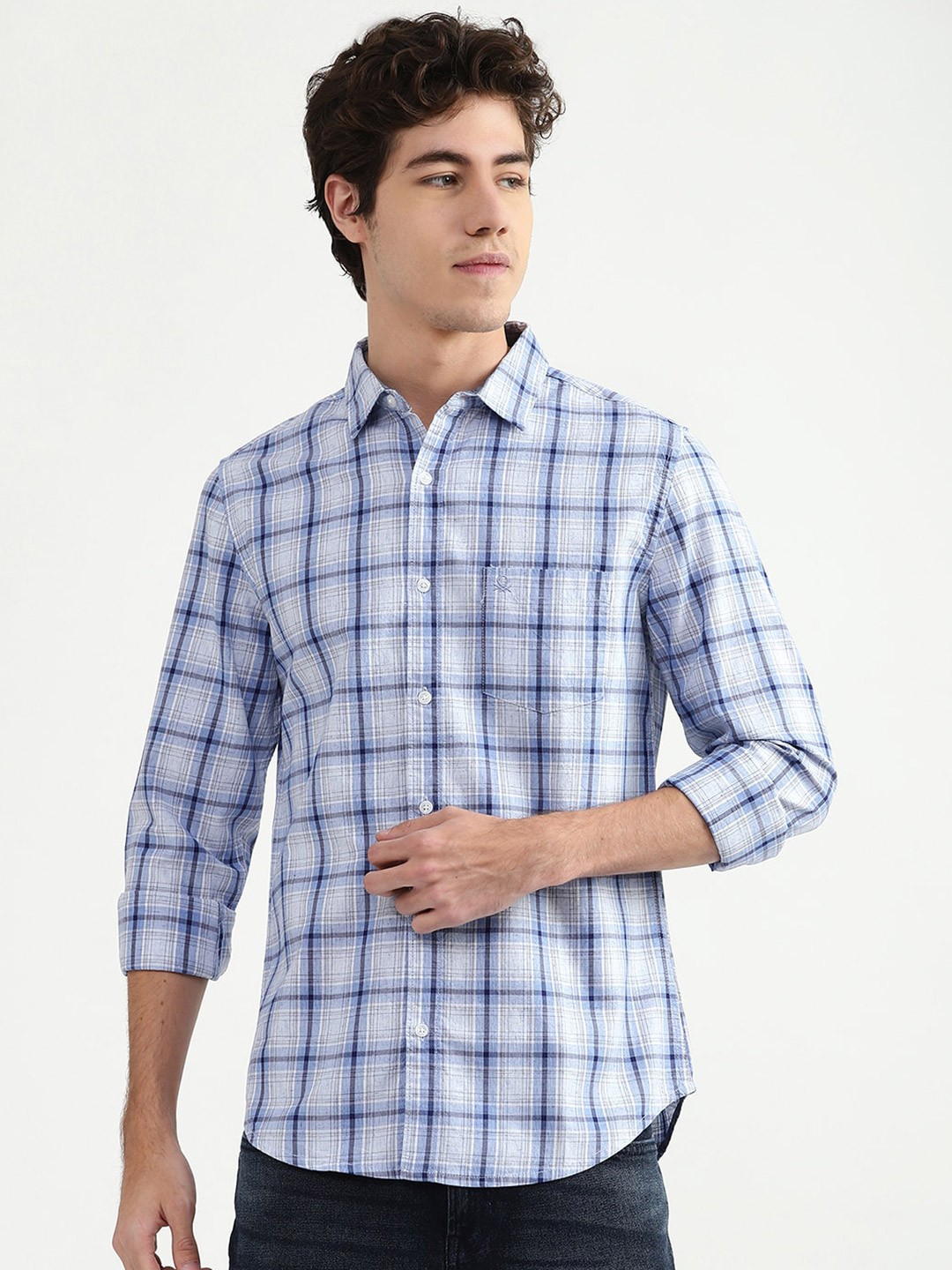 

United Colors of Benetton Men Blue Tartan Checks Checked Casual Shirt