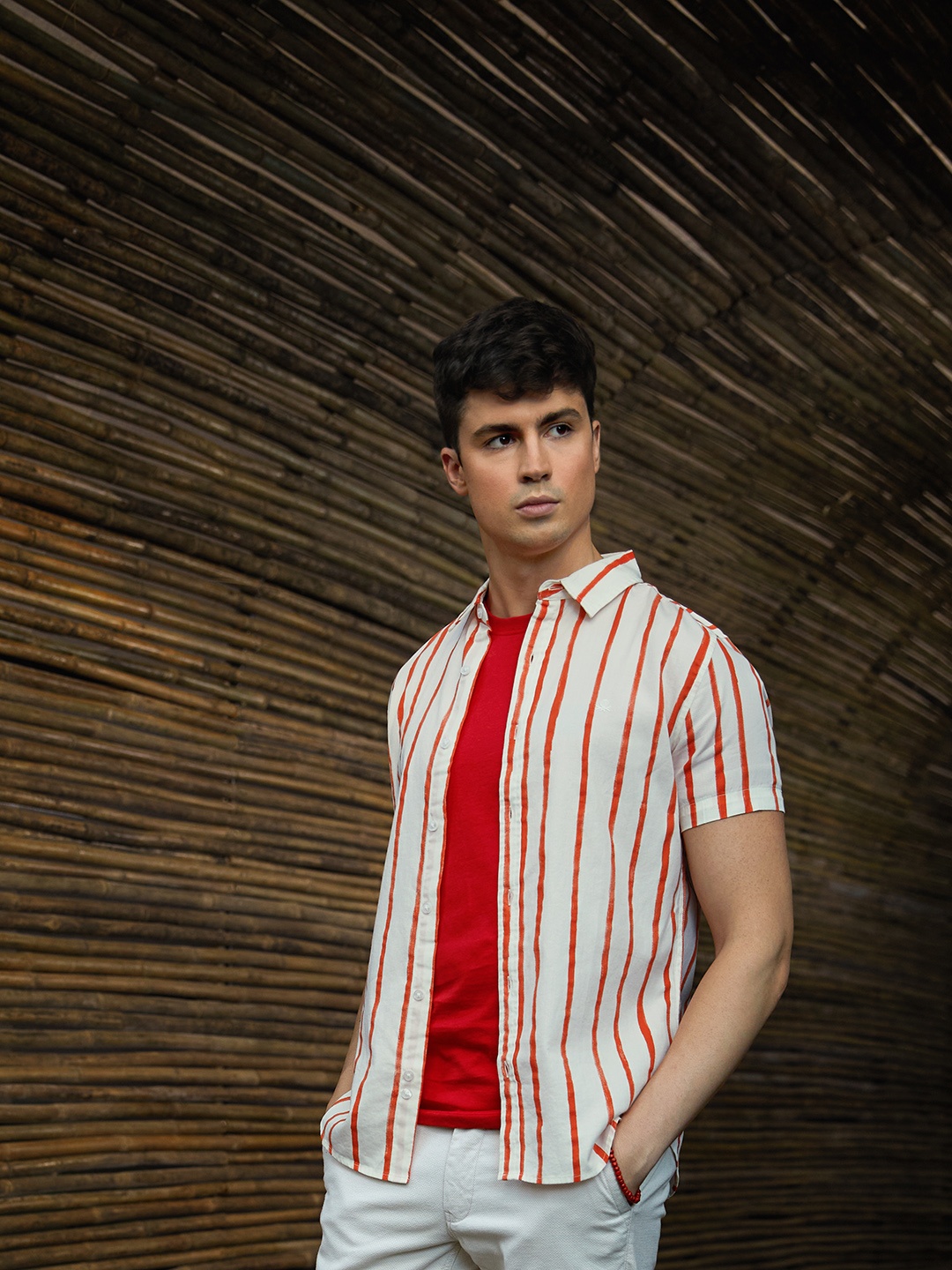 

United Colors of Benetton Men White Striped Cotton Casual Shirt